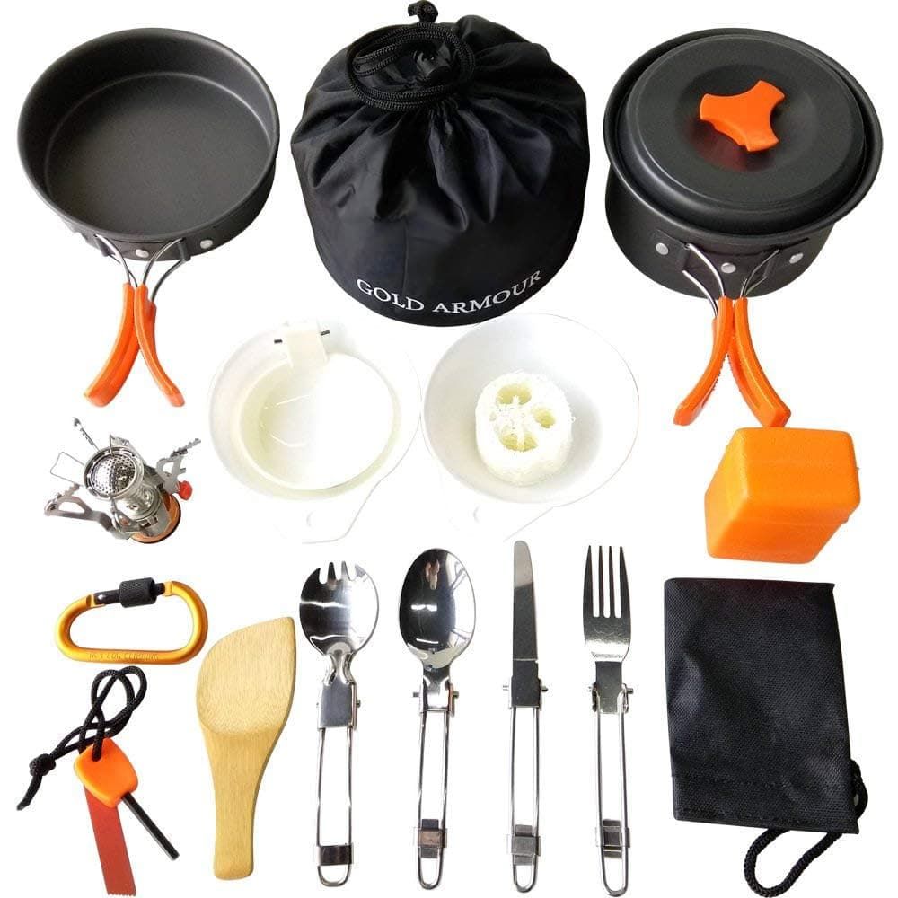 Gold Armour Camping Cookware Mess Kit 17 Pieces Set - Camping Accessories Essentials Kit, Great Camping Gear and Backpacking Gear (Orange)