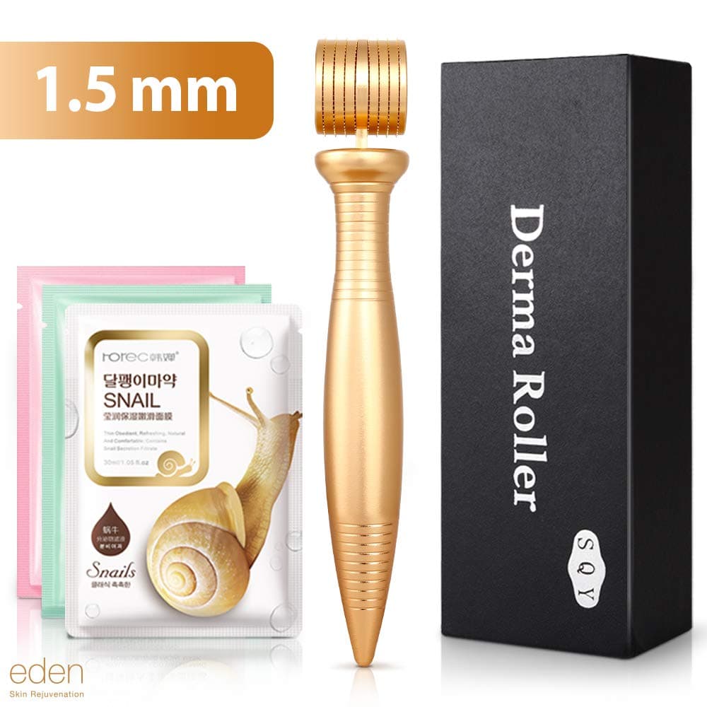 Facial Roller by Eden Care – 540 Titanium Microneedle | Premium Derma Roller Complete Face Kit - Cosmetic Needle Tool – Younger Looking Smooth Skin – FREE BONUS: 4 Hyaluronic acid & 2 Snail Masks