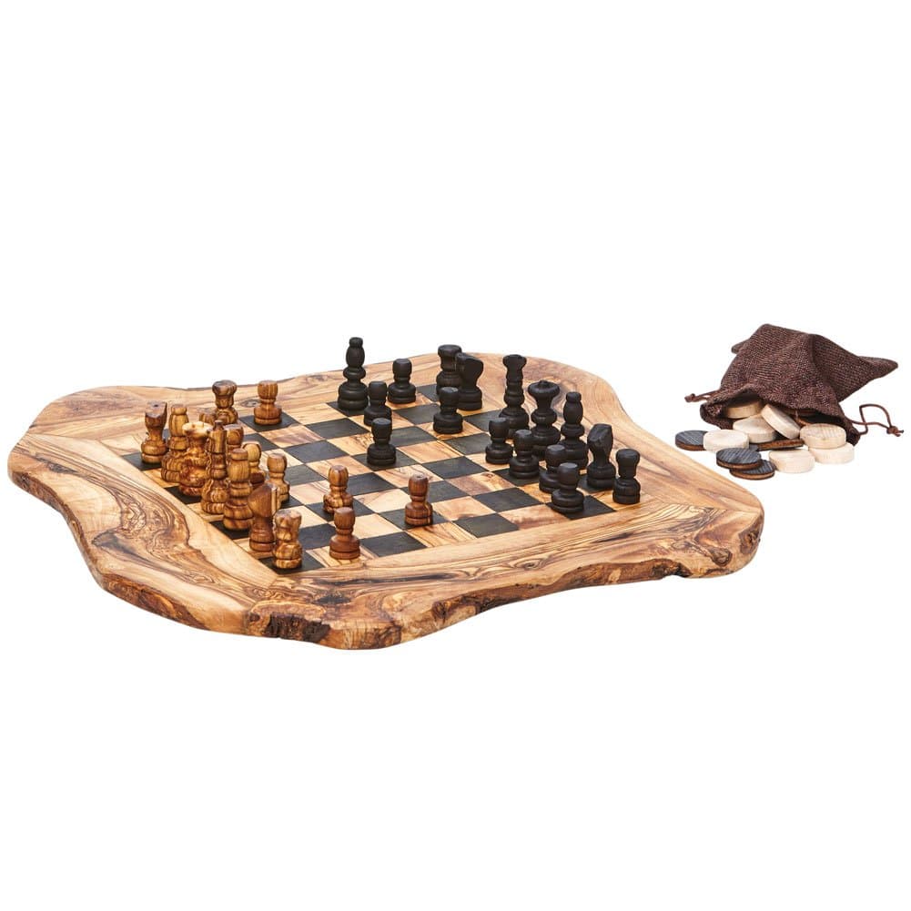 Arte Legno Real Olive Wood Chess and Checkers Set - Rough Cut - 15" x 16"