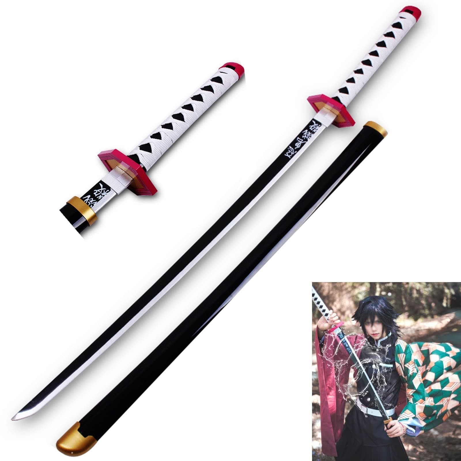 WFENG Slayer Cosplay Katana Sword Prop Tomioka Giyuu Samurai Sword Wooden Sword Toy Anime Wooden Sword Japanese Katana 41Inch