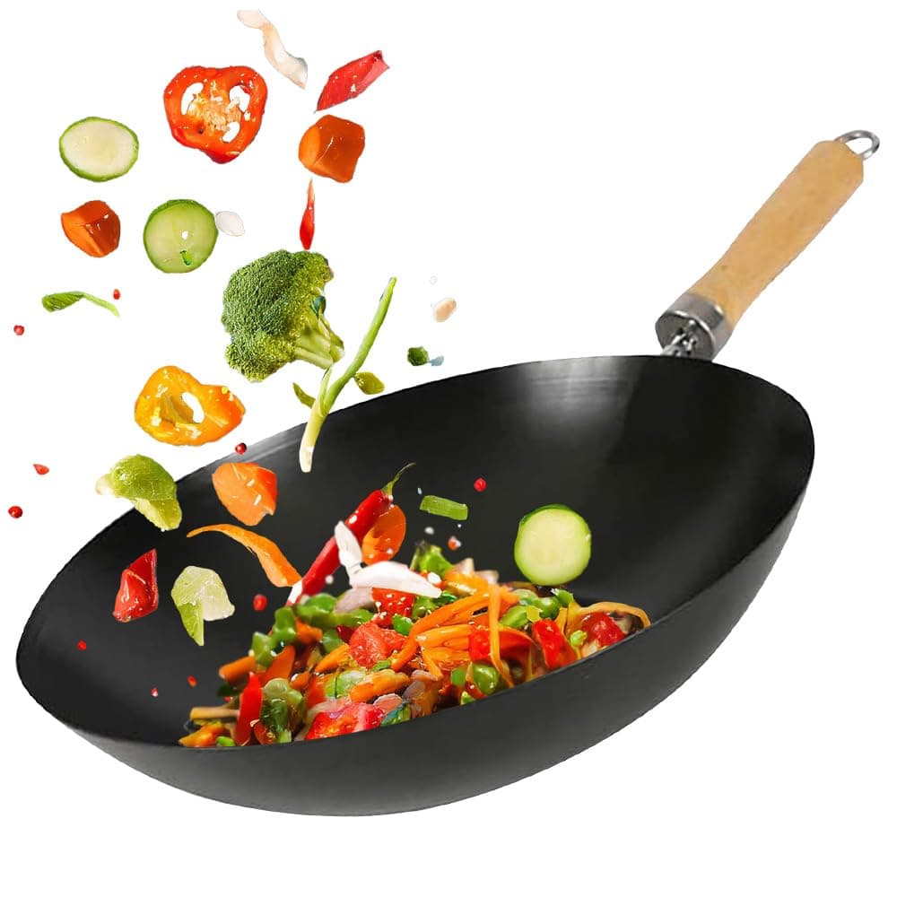 BARGAINS-GALORE 25cm Non Stick Wok - Fry Asian Frying Pan Two Wooden Handle Kitchen Pot Grill Cook Chinese | Classic | Non-Induction, Wooden Handle, Flat Base Pan