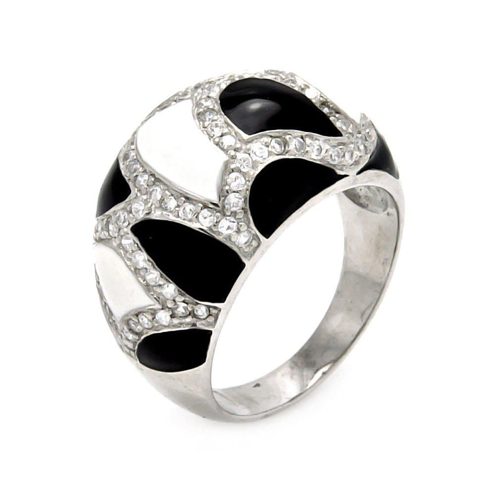Rhodium Plated Black & White Enamel CZ Ring