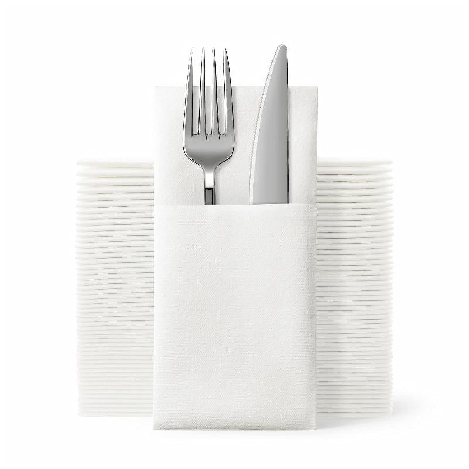JEBBLAS Disposable Napkins Cloth Like Napkins with Built-in Flatware Pocket Prefolded Dinner Napkins Napkins Prefolded for Silverware for Weddings,Parties or Events(White,16 x 16 inches,50 Count)