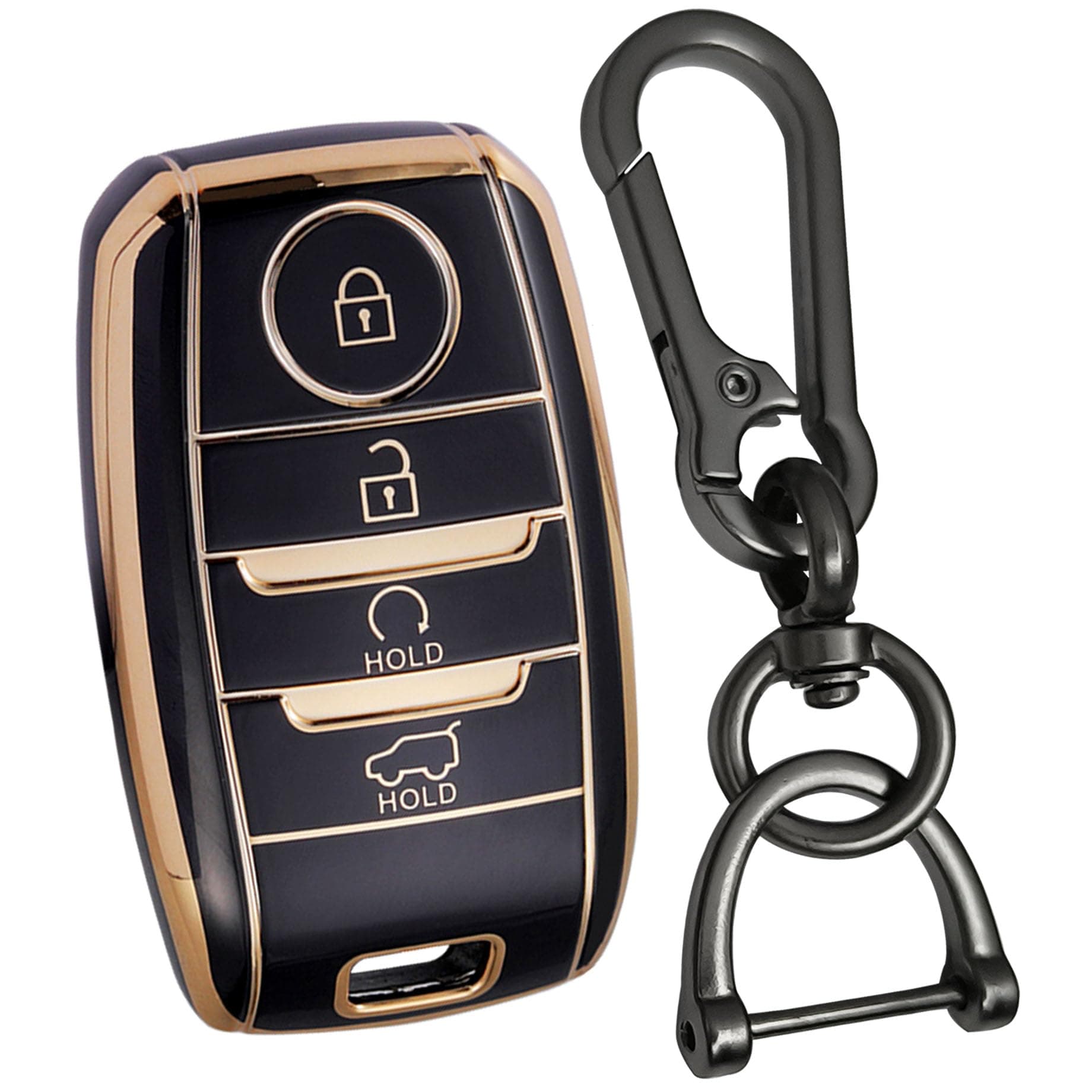 Keycept™ Gold Line TPU Key Cover Compatible with Seltos | Sonet | Carens 4 Button Smart Key with Keychain. (Type 1, Black)