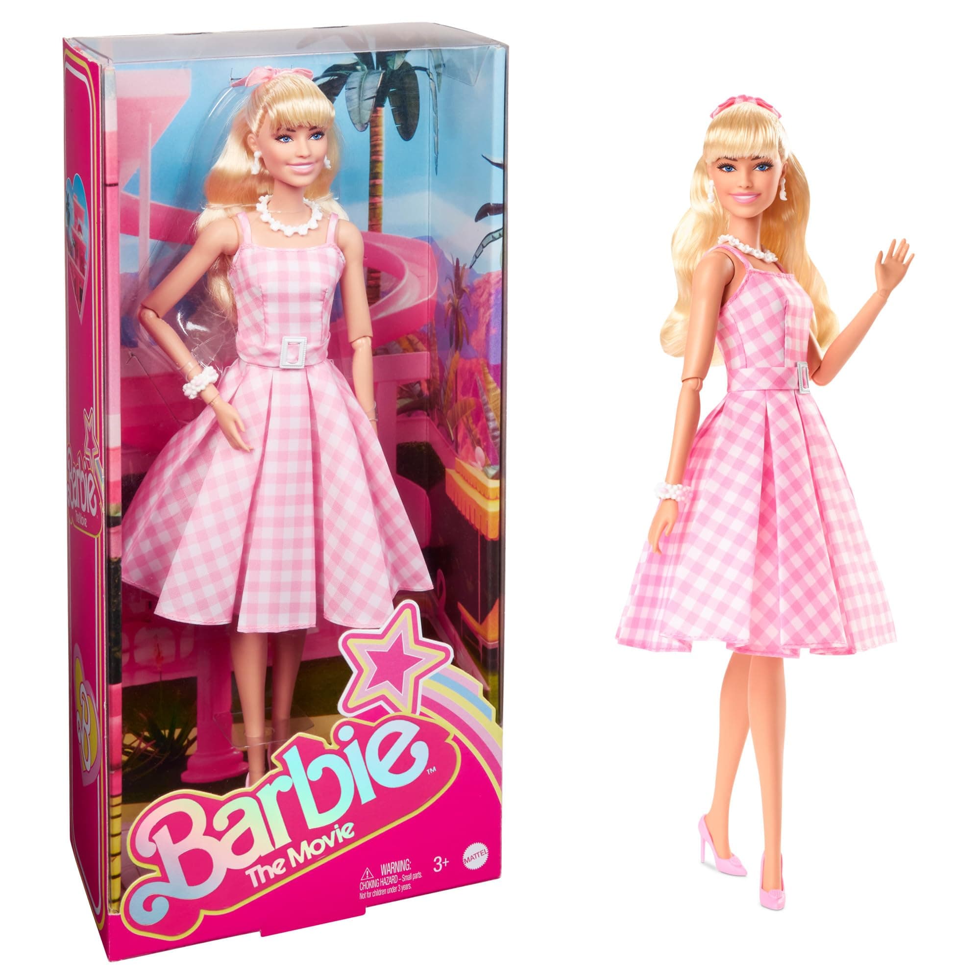 Barbie the Movie Doll, Margot Robbie as, Collectible Doll Wearing Pink and White Gingham Dress with Daisy Chain Necklace