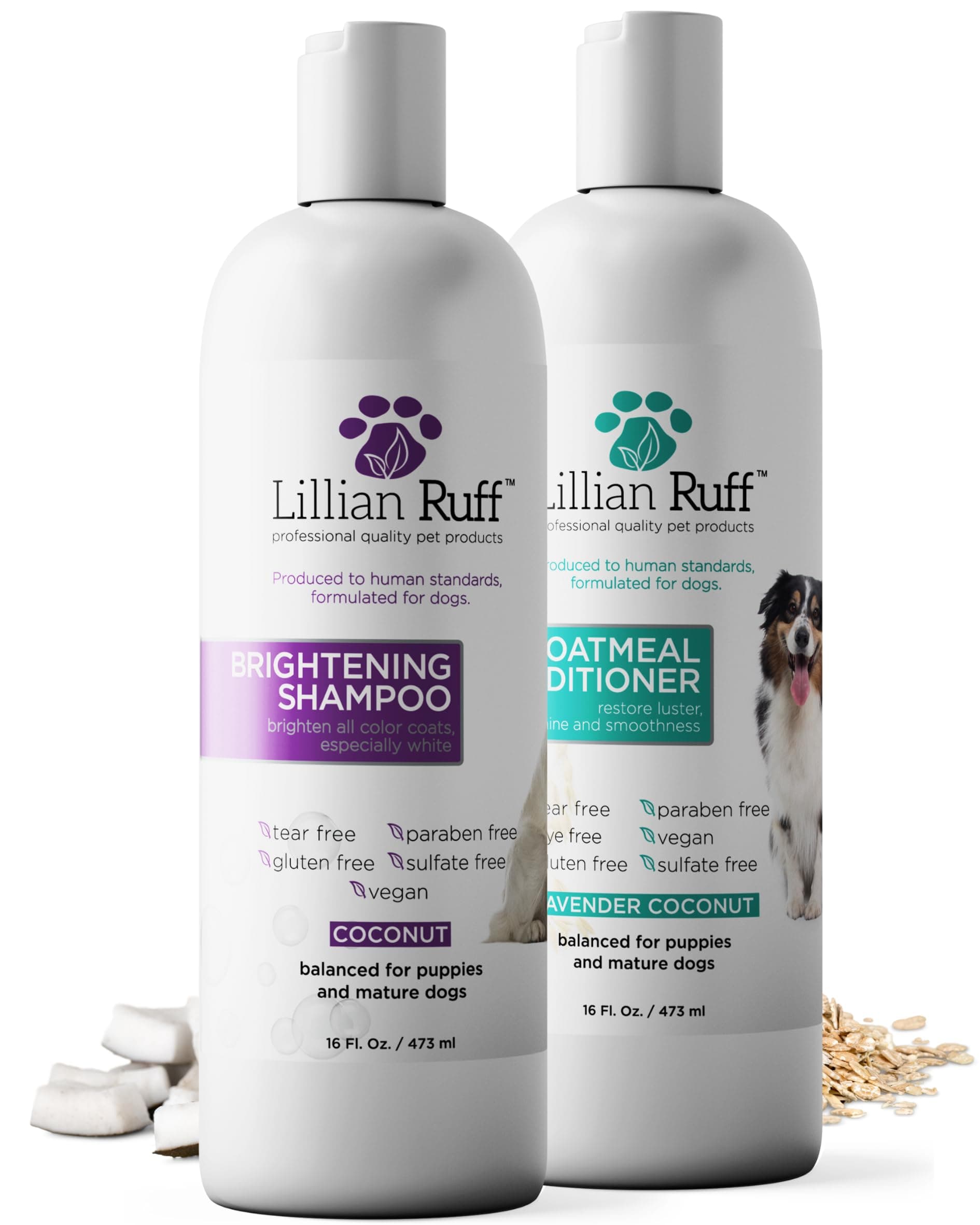 Lillian Ruff Brightening Shampoo & Oatmeal Conditioner Set for Dogs – Safe for Cats - Tear Free Coconut Scent with Aloe for Normal, Dry & Sensitive Skin