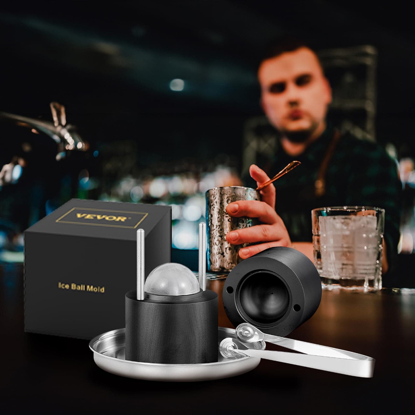 VEVOR Ice Ball Press, 2.4" Ice Ball Maker, Aviation Aluminum Ice Ball Press Kit for 60mm Ice Sphere, Ice Press with Tong and Drip Tray, for Whiskey, Cocktail, Bourbon, Scot on Party & Holiday, Black