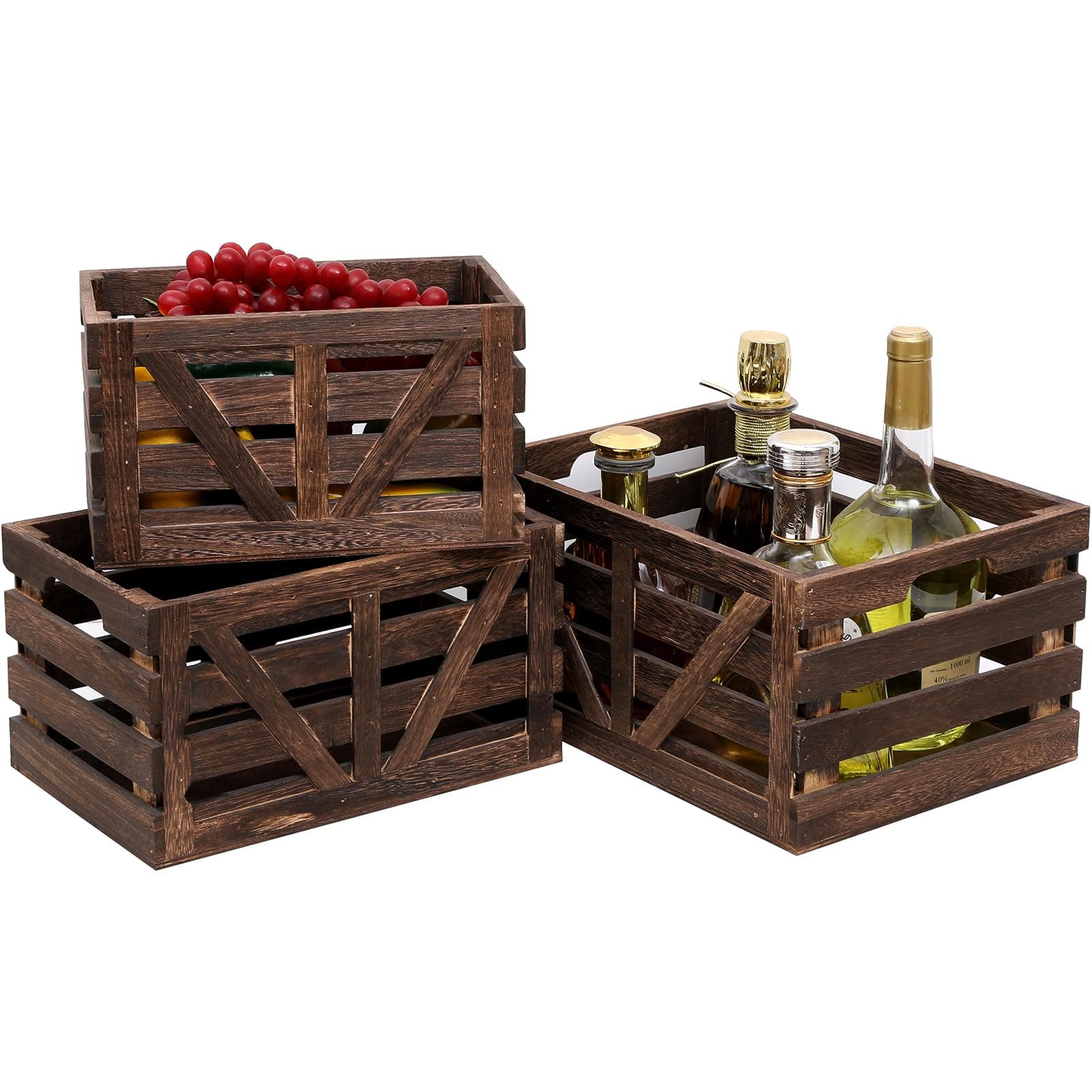 Decorative Wood Crates Nesting Crates Wooden Storage Container,Farmhouse Wood Crates for Storage,Display,Decor Boxes-Brown Set of 3