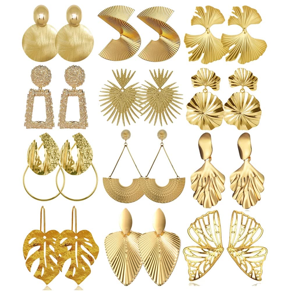 Hefanny12 Pairs Gold Silver Geometric Earrings Exaggerated Statement Earrings Punk Stylish Sectored Twisted Earring Jewelry for Women(Gold)