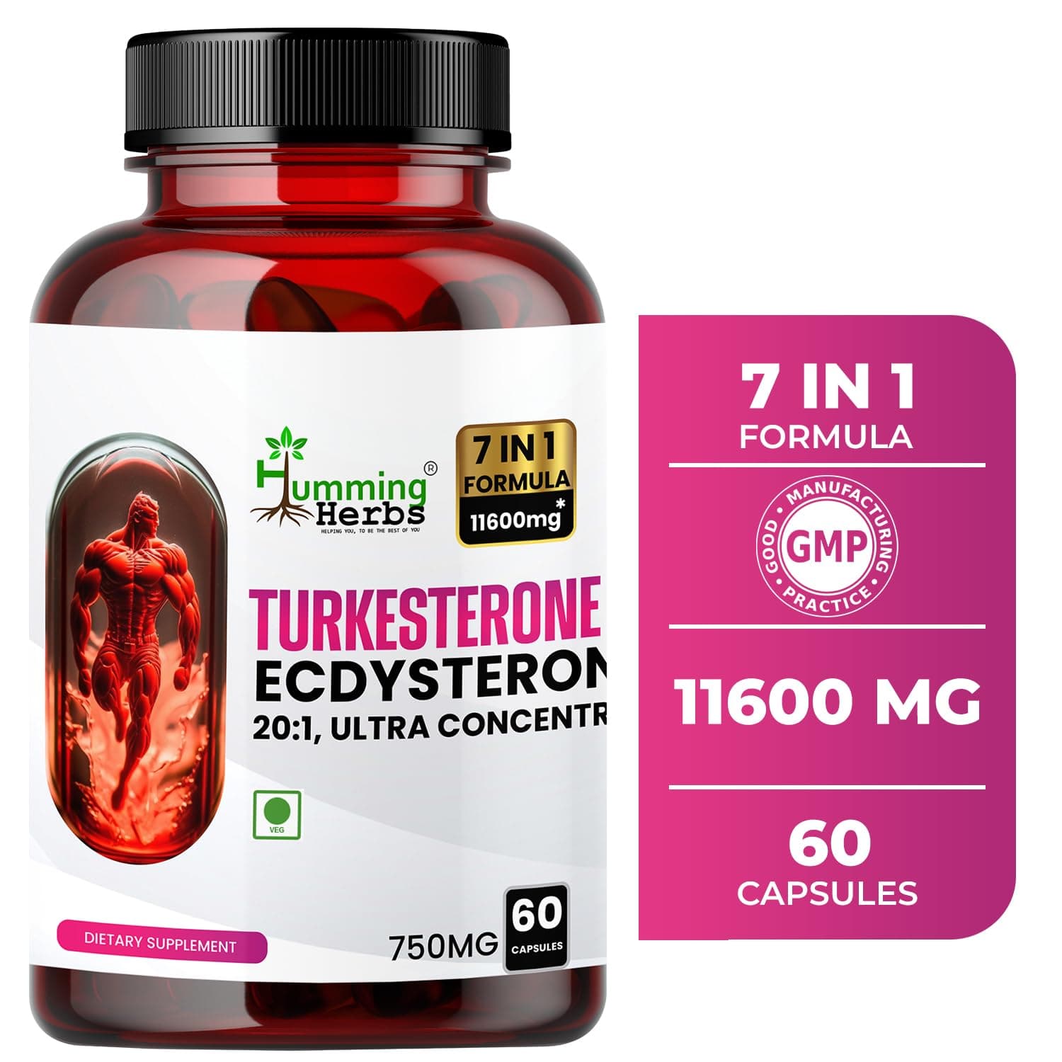 Humming Herbs Turkesterone Ecdysterone Ajuga Turkestanica Supplement with Tongkat Ali Horny Goat weed & maca | Boost Muscle Growth, Memory Support - 60 Capsules