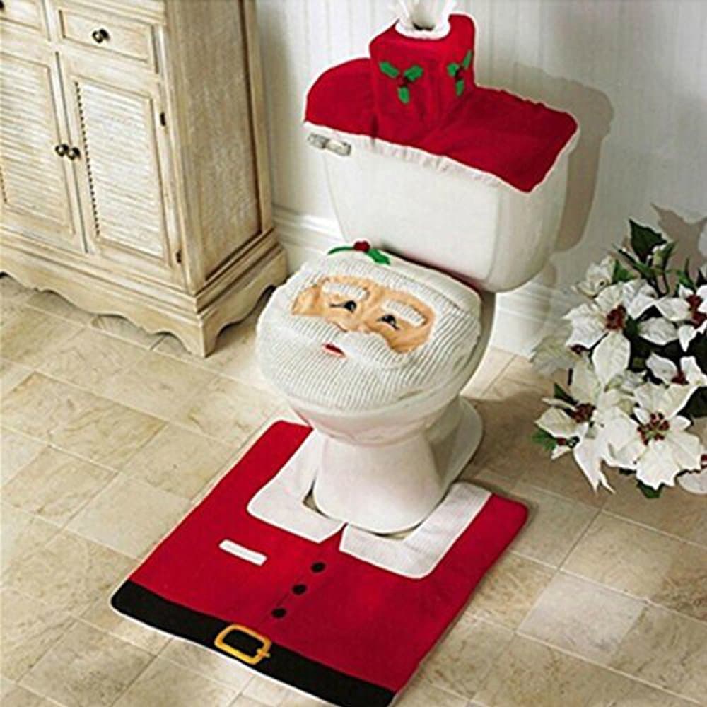 Jentay Christmas Decorations Happy Santa Toilet Seat Cover and Rug Set