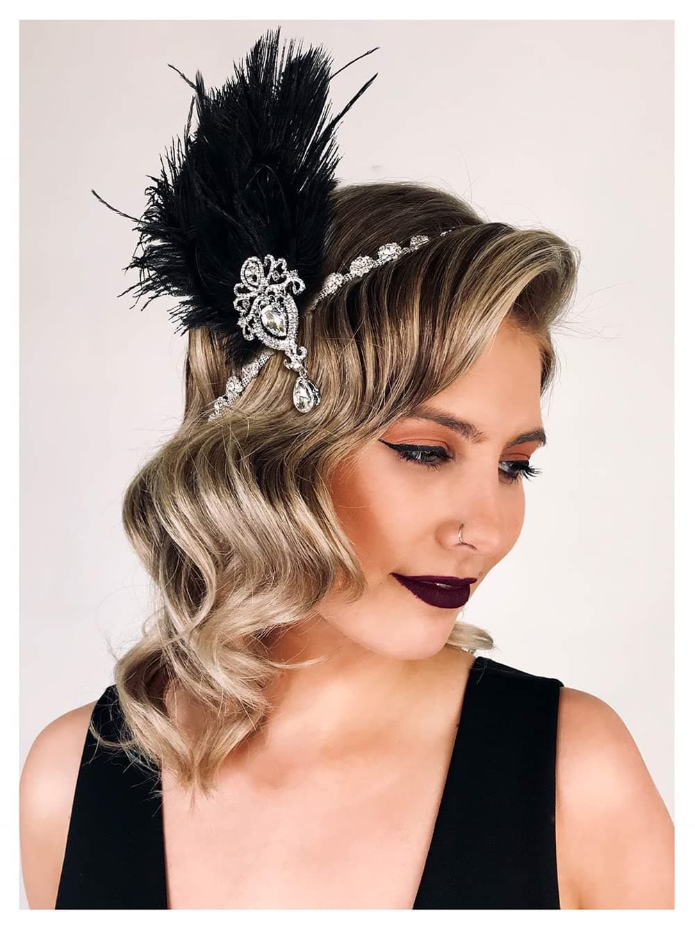 Azonee 1920s Feather Headpiece, Womens Ostrich Feather Crystal Headband, Great Gatsby Hair Accessories for Women, Ribbon Tie, Flapper Accessories, Art Deco Headpiece (Black)