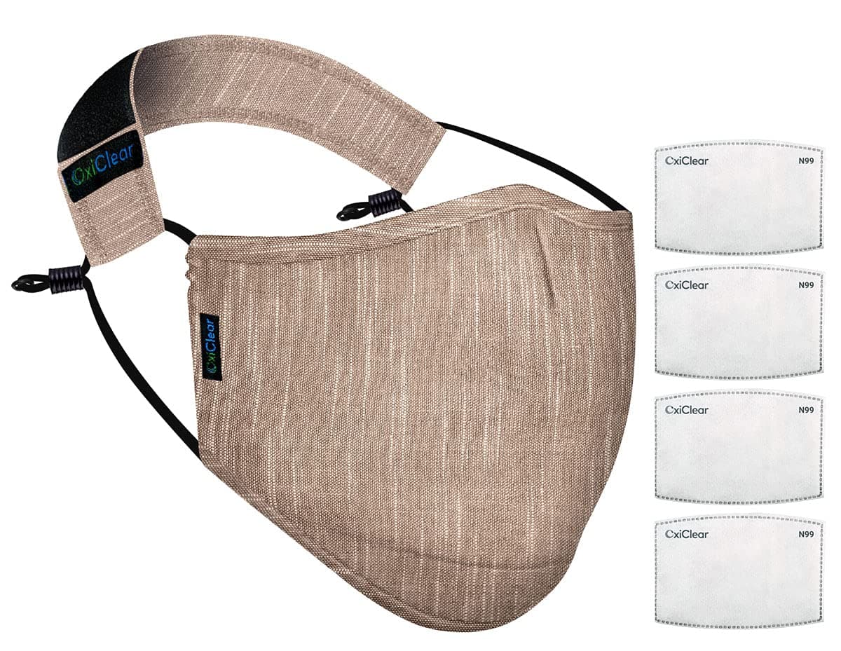 OxiClear N99 Handloom Linen Face Mask with 4 Activate Carbon Filters & Detachable Headband, DRDO Certified