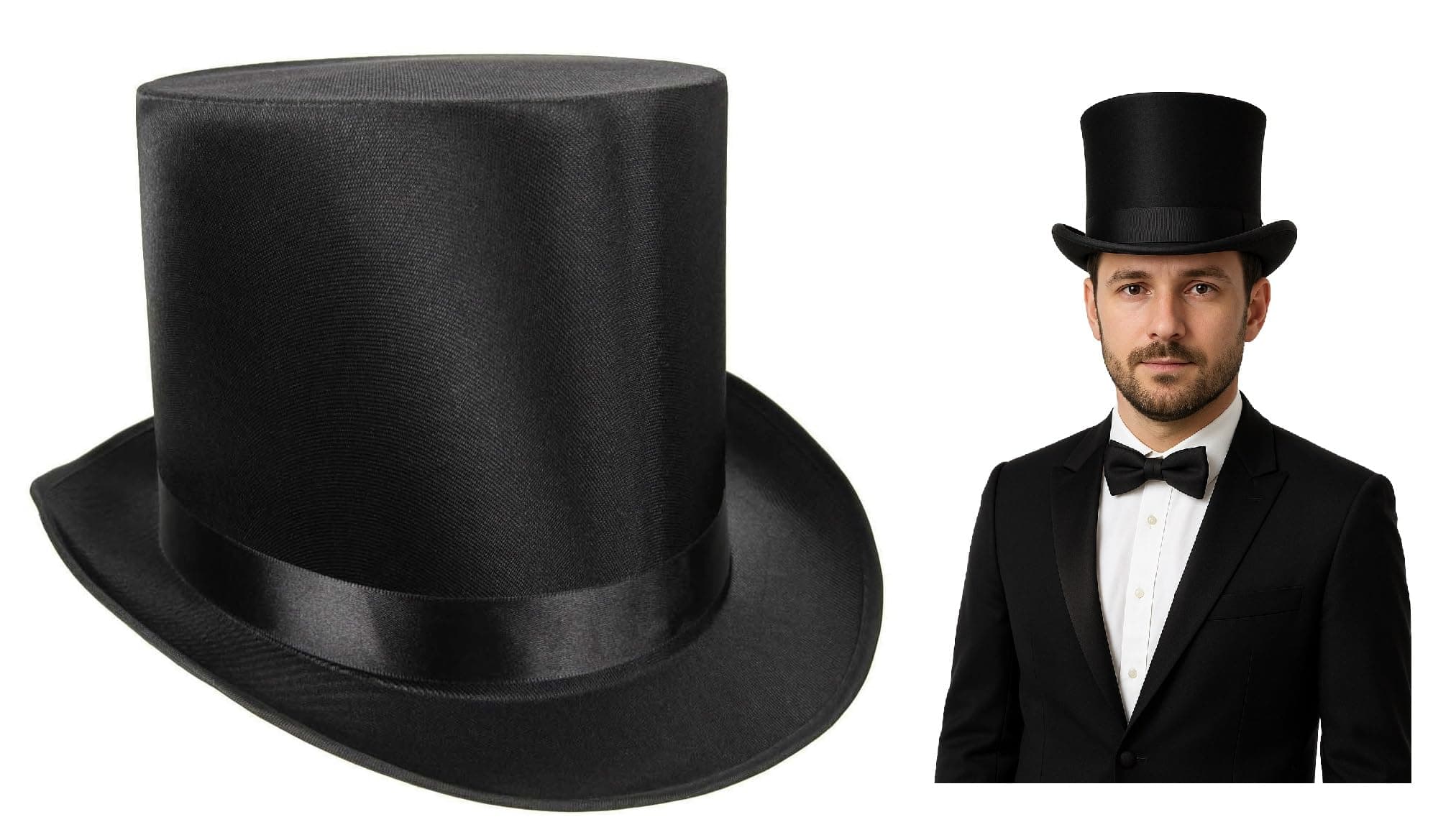 Tall Satin Black Top Hat - Deluxe Caroler Snowman Ringmaster Top Hat - Mad Hatter Baron Costume Hat