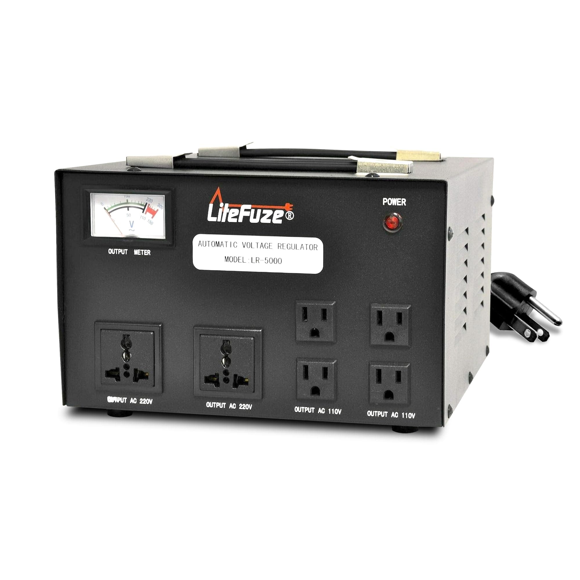 LiteFuze 5000 Watt Voltage Converter Transformer Heavy Duty Regulator Meter - Step Up/Down - 110/120/220/240 Volt - Fully Grounded Cord-Universal Output Sockets (LR-5000N)