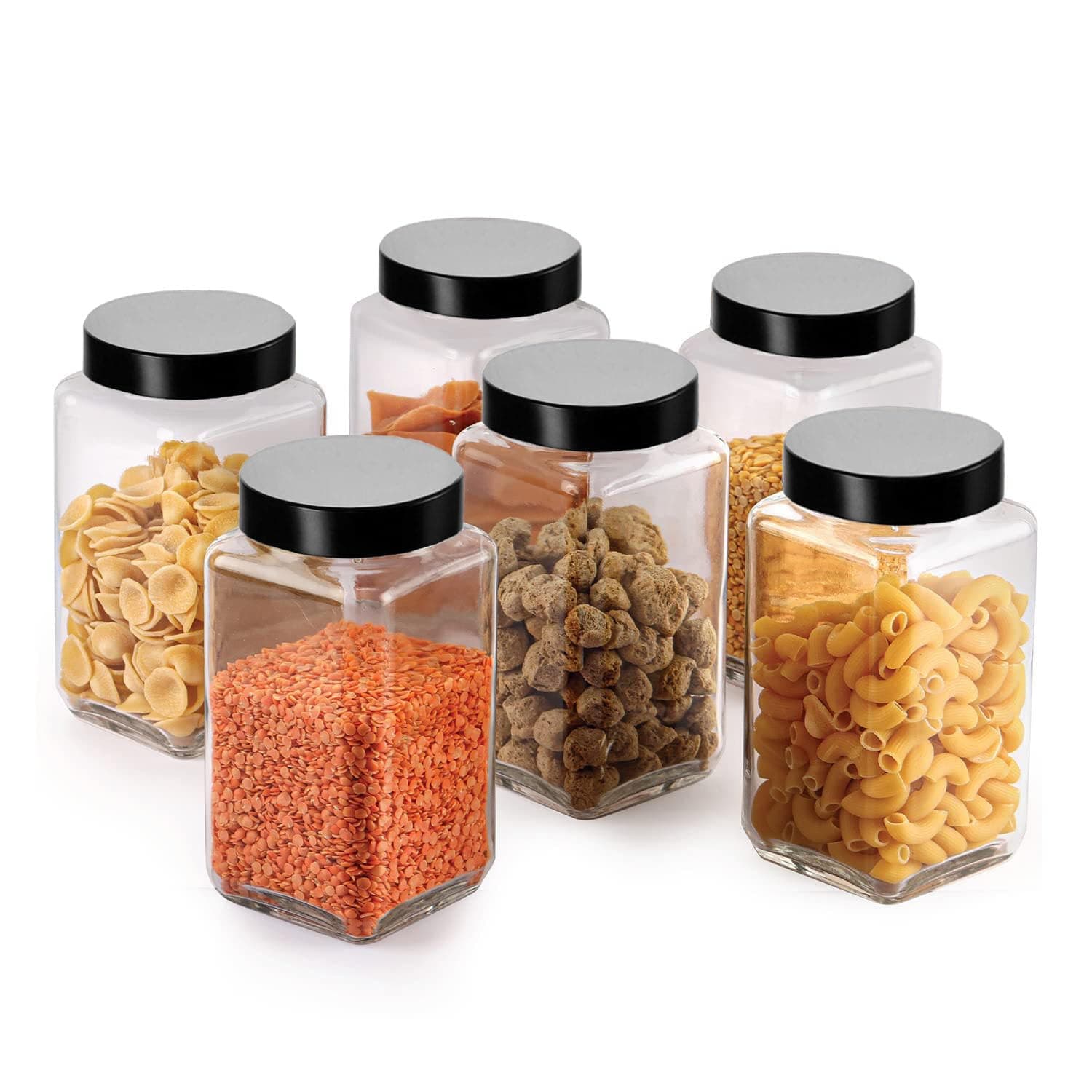 Glass Cubical Square 1000ml Transparent Glass Jars & Containers for Kitchen Pantry, Snacks, Masala, Pickles, Cookies, Dry Fruits, Coffee Storage with Black Plastic Lid (1000ml, Set Of 6)
