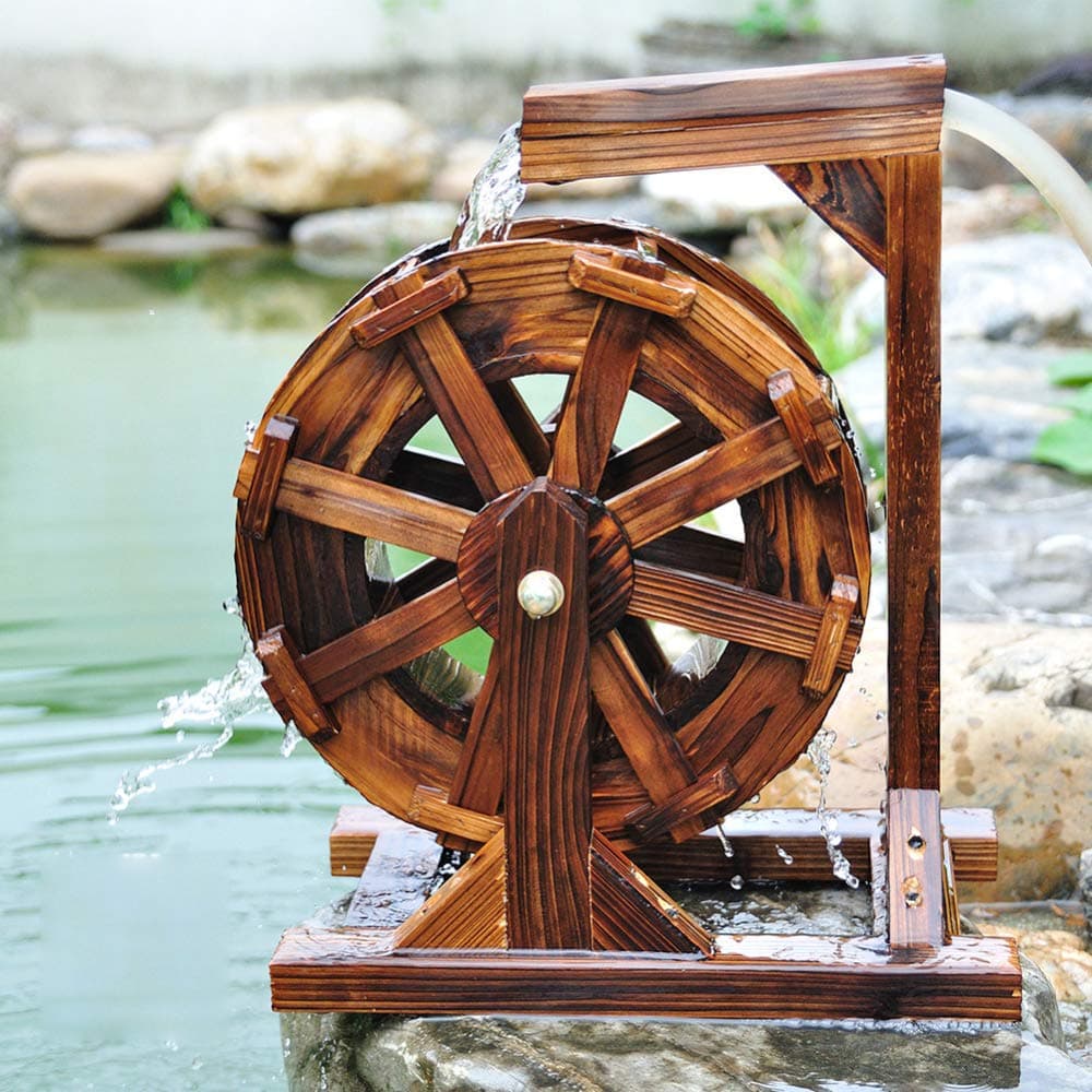 zenggp Wooden Water Wheel Fountain With Pump, Zen Outdoor Feature Pond Decor,30cm