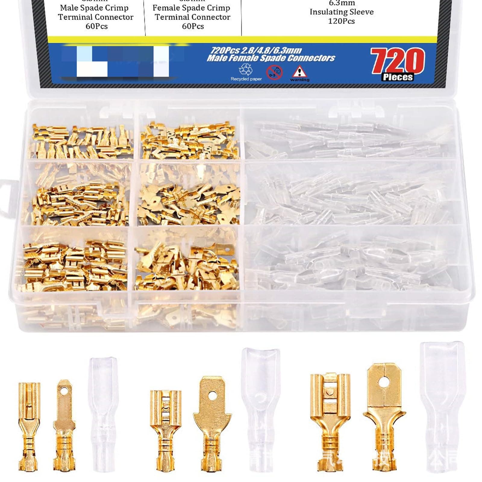 Joyzzz Electrical Connector Terminal, 720PCS 2.8mm 4.8mm 6.3mm Male and Female Wire Spade Connector and Insulating Sleeve Assortment Kit Copper Wire Crimp Terminal Block with Nylon Sleeve Set for Car