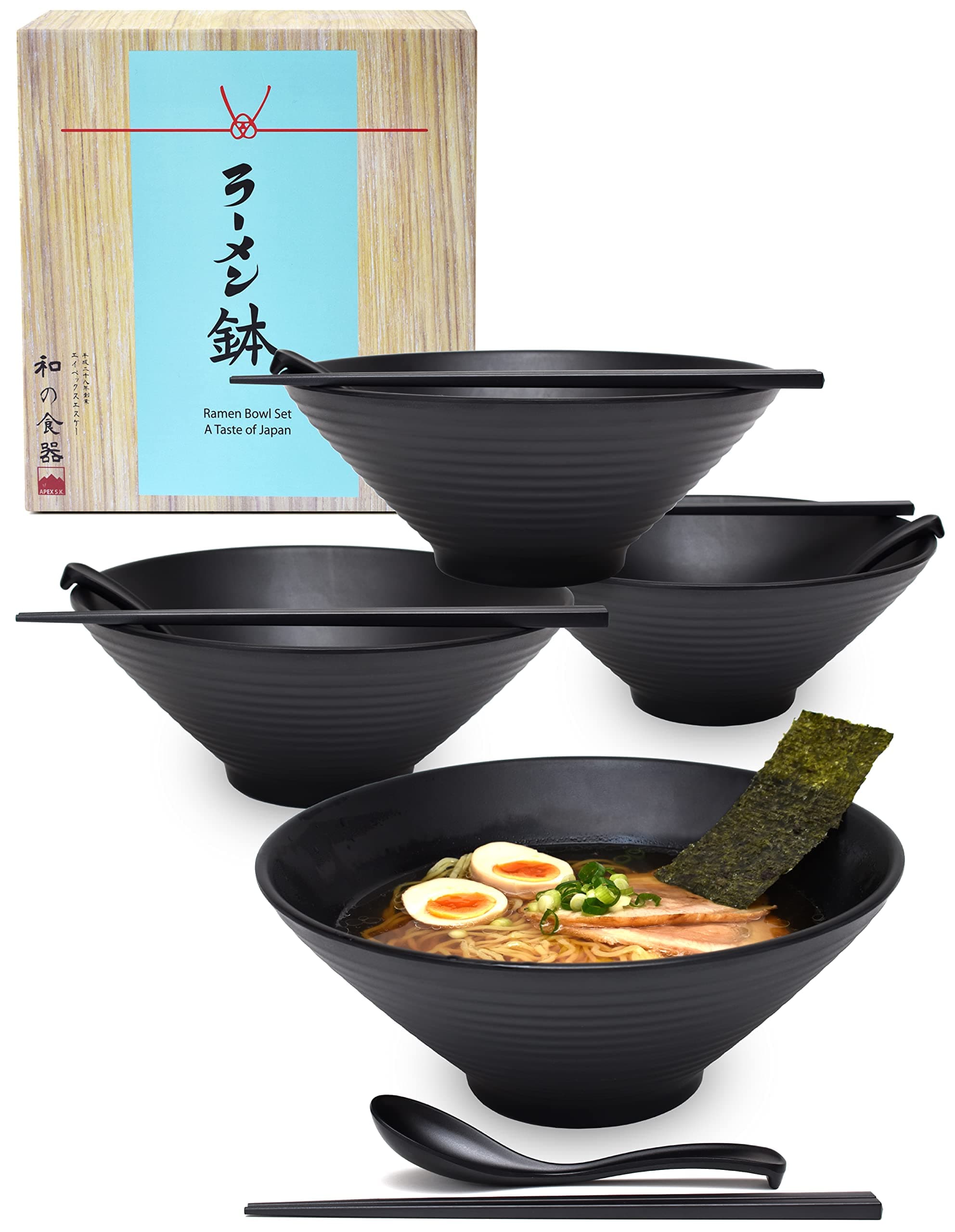 4 Sets (12 Piece) 57 Ounce Large Japanese Ramen Noodle Soup Bowl Melamine Hard Plastic Dishware Ramen Bowl Set with Matching Spoon and Chopsticks for Udon Soba Pho Asian Noodles