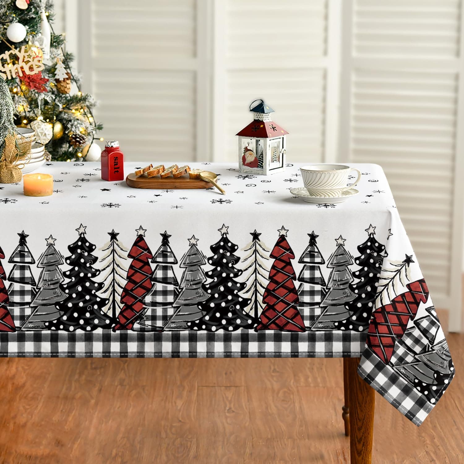 Horaldaily Christmas Tablecloth 60×84 Inch Rectangular, Christmas Trees Buffalo Plaid Black Washable Table Cover for Party Picnic Dinner Decor