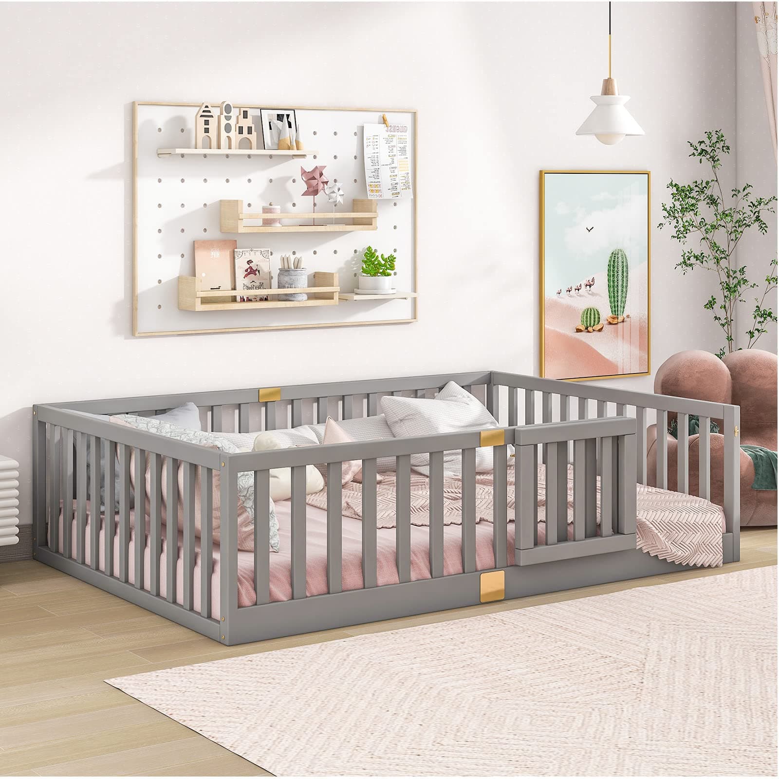 Tatub Full Floor Bed with Safety Guardrails and Door, Montessori Floor Bed for Kids, Wood Kids Floor Beds Frame, Door Can Install Left and Right, Full-Grey