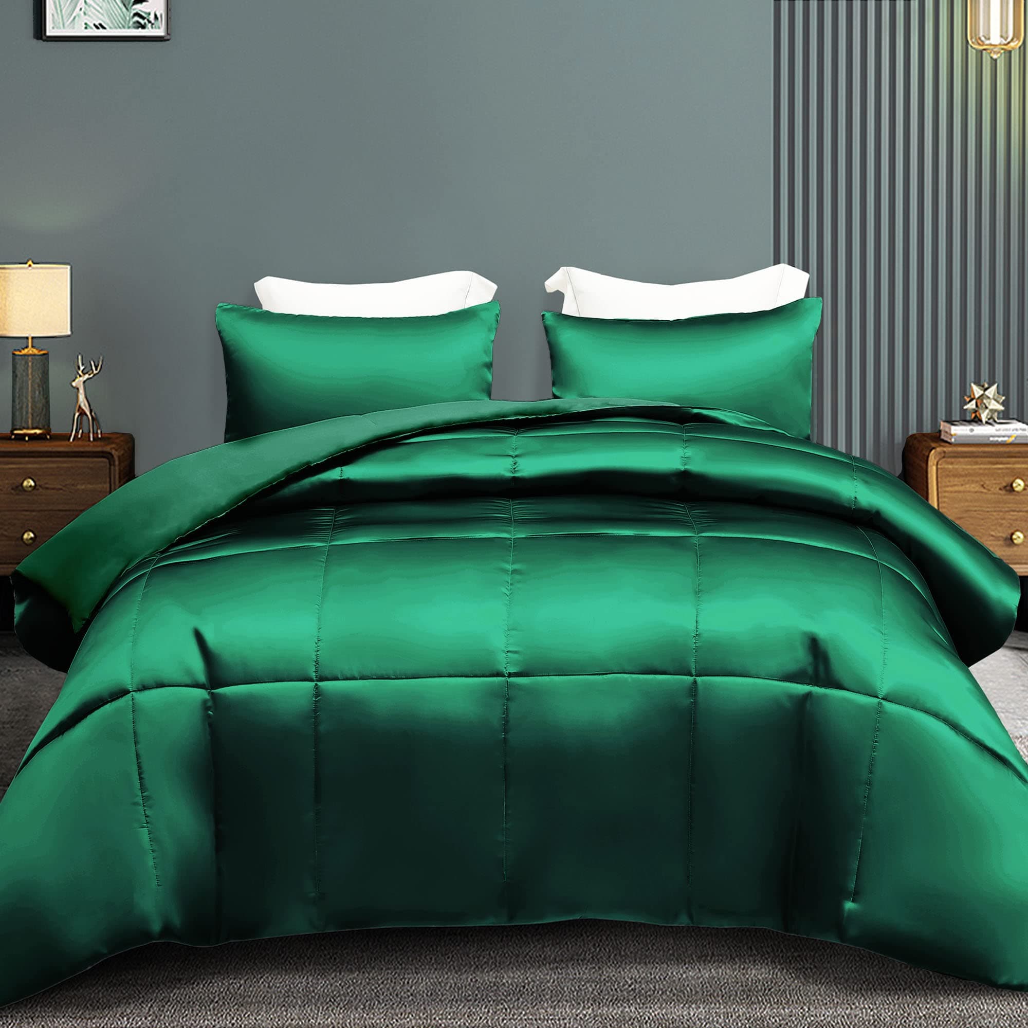 Whale Flotilla 3-Piece Reversible King Size Silky Comforter Set/Bedding Set, Luxury Soft Satin Comforter with 2 Satin Pillowcases, Lightweight Duvet Set for All Seasons, Deep Green