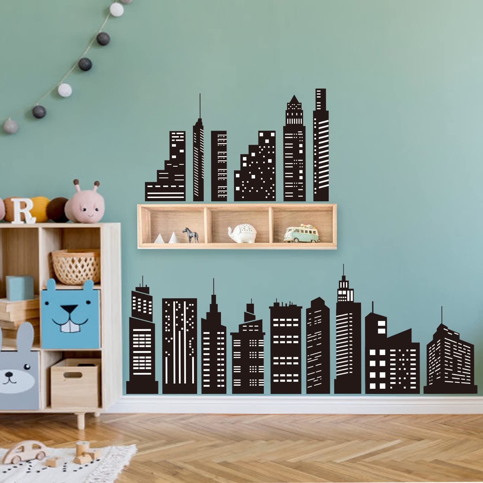 wondeverBlack City Skyline Wall Stickers City Building Silhouettes Peel and Stick Wall Art Decals for Bedroom Living Room