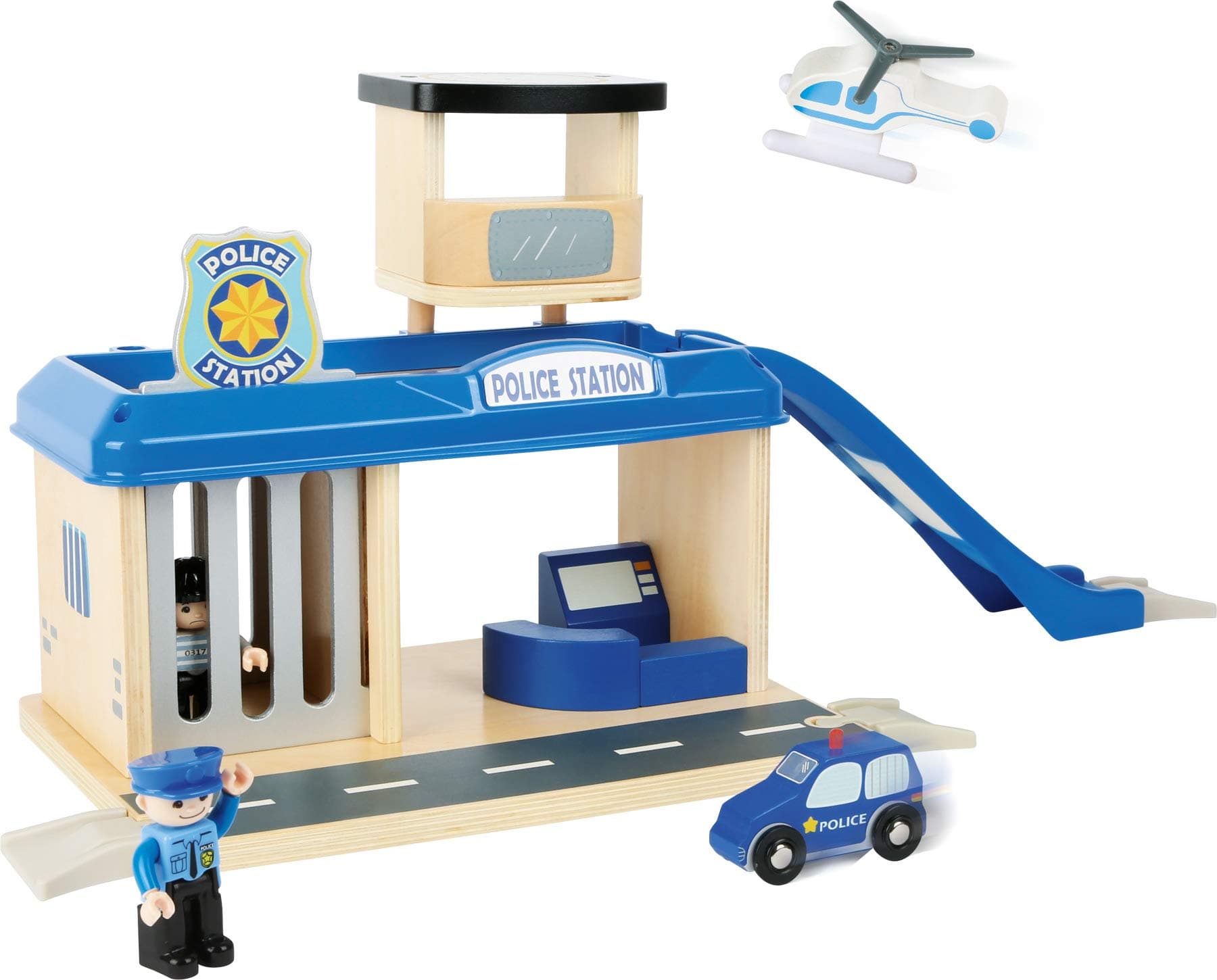 small foot 10797 Police station with accessories, including a policeman, robber, helicopter and car, from 3 years