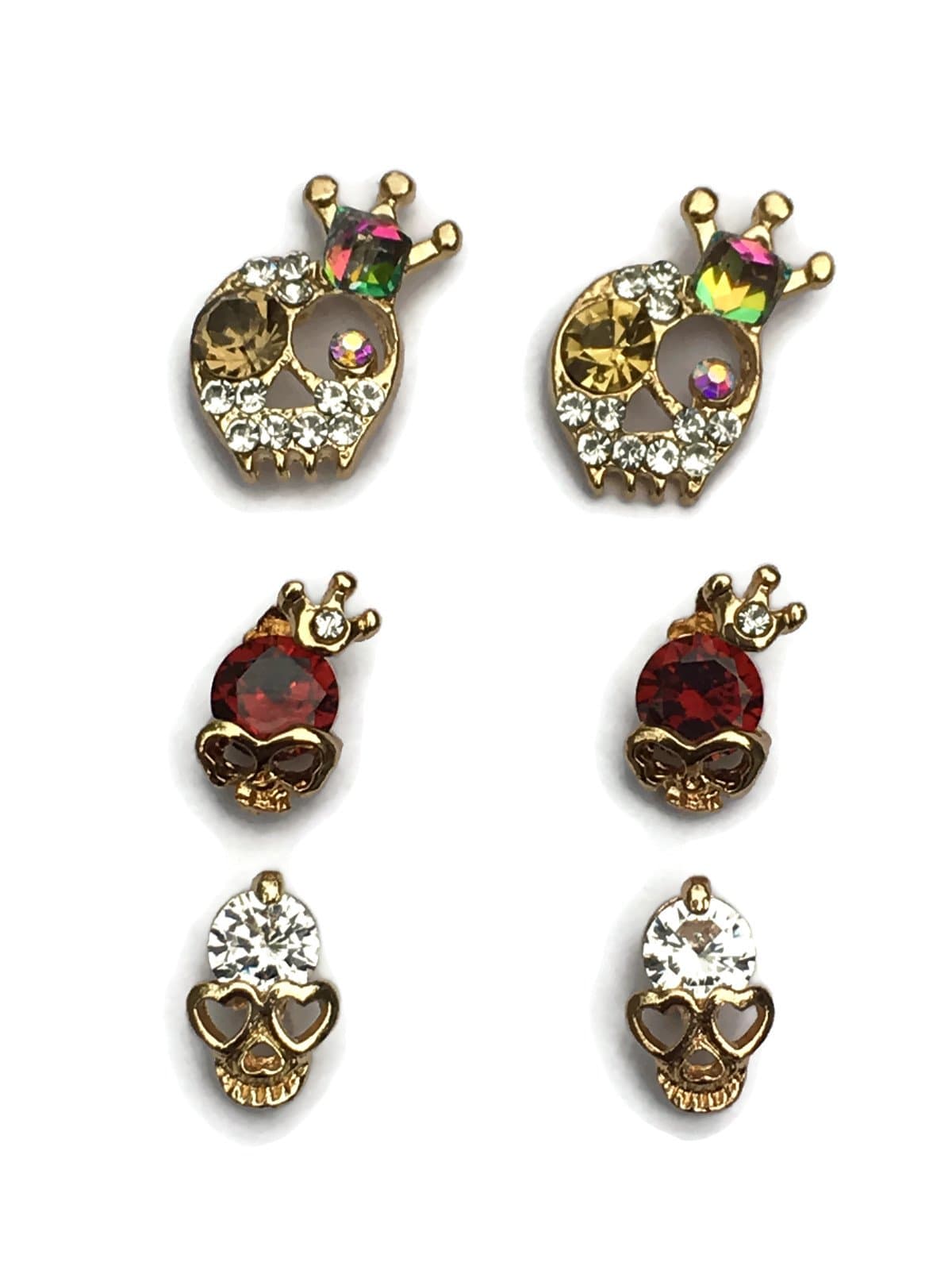 LIUYX(Set of 3) Pairs Crystal Crown Skull Stud Earrings, Gothic, Steam Punk, Halloween