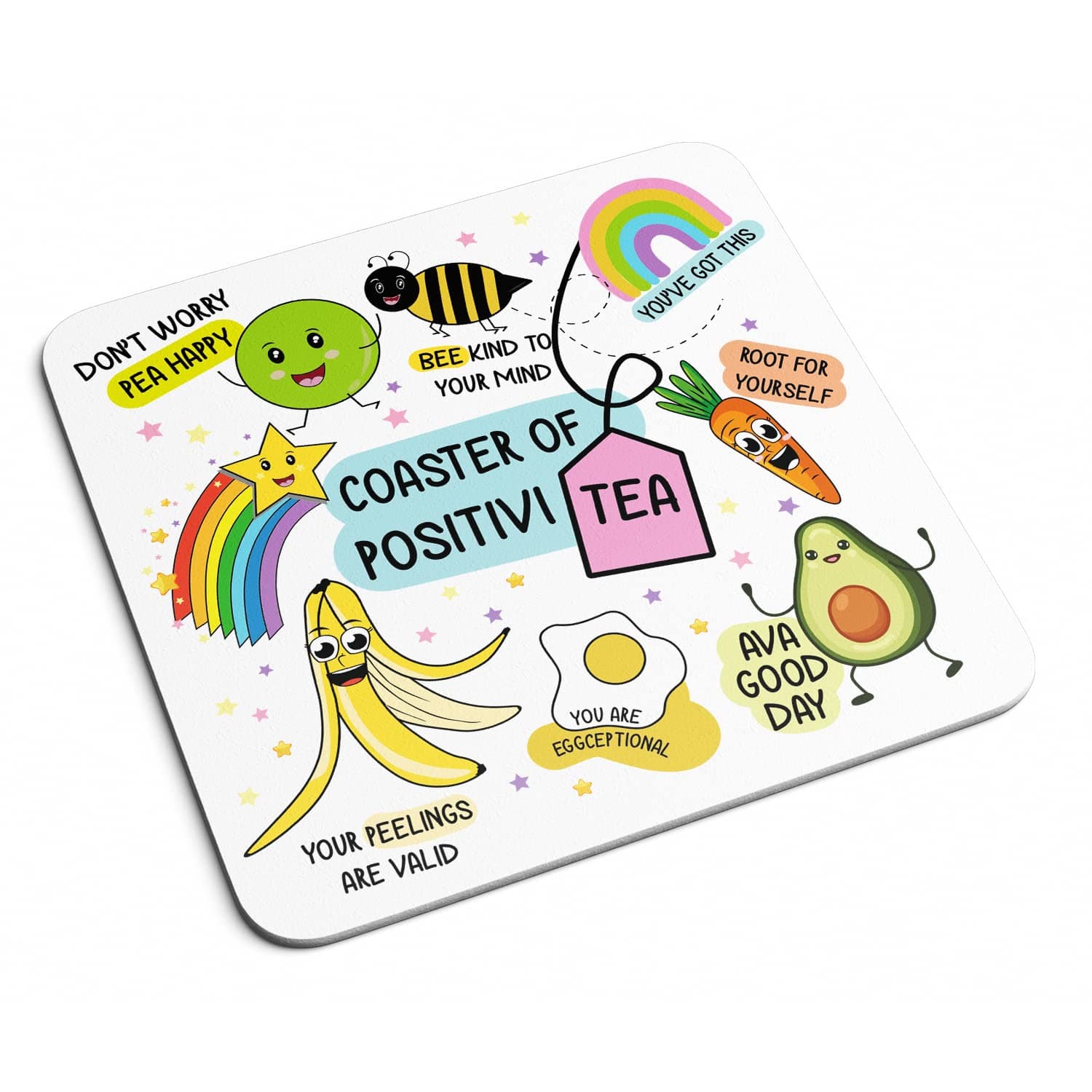 SMARTYPANTSPositivi-TEA Drinks Coaster - Rainbow Cute Cartoon Avacado Pun Fun Daily Affirmation Positive Vibes Good Day Bee Kind Kitchenware Home Decor Place Mats (White)