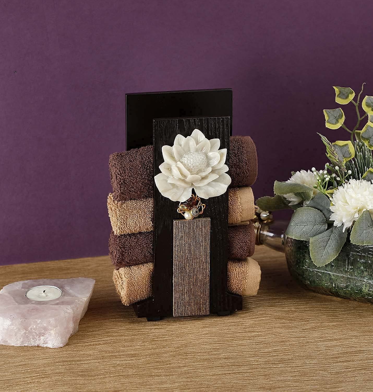 COCKTAIL Handcrafted Wooden Hand Towel Holder| Towel Stand For Bathroom| Napkin Holder For Washbasin| Towel Stand| Guests Towel Organizer Rack| Bathroom accessories |Towel Rack Brown (Lotus-G)