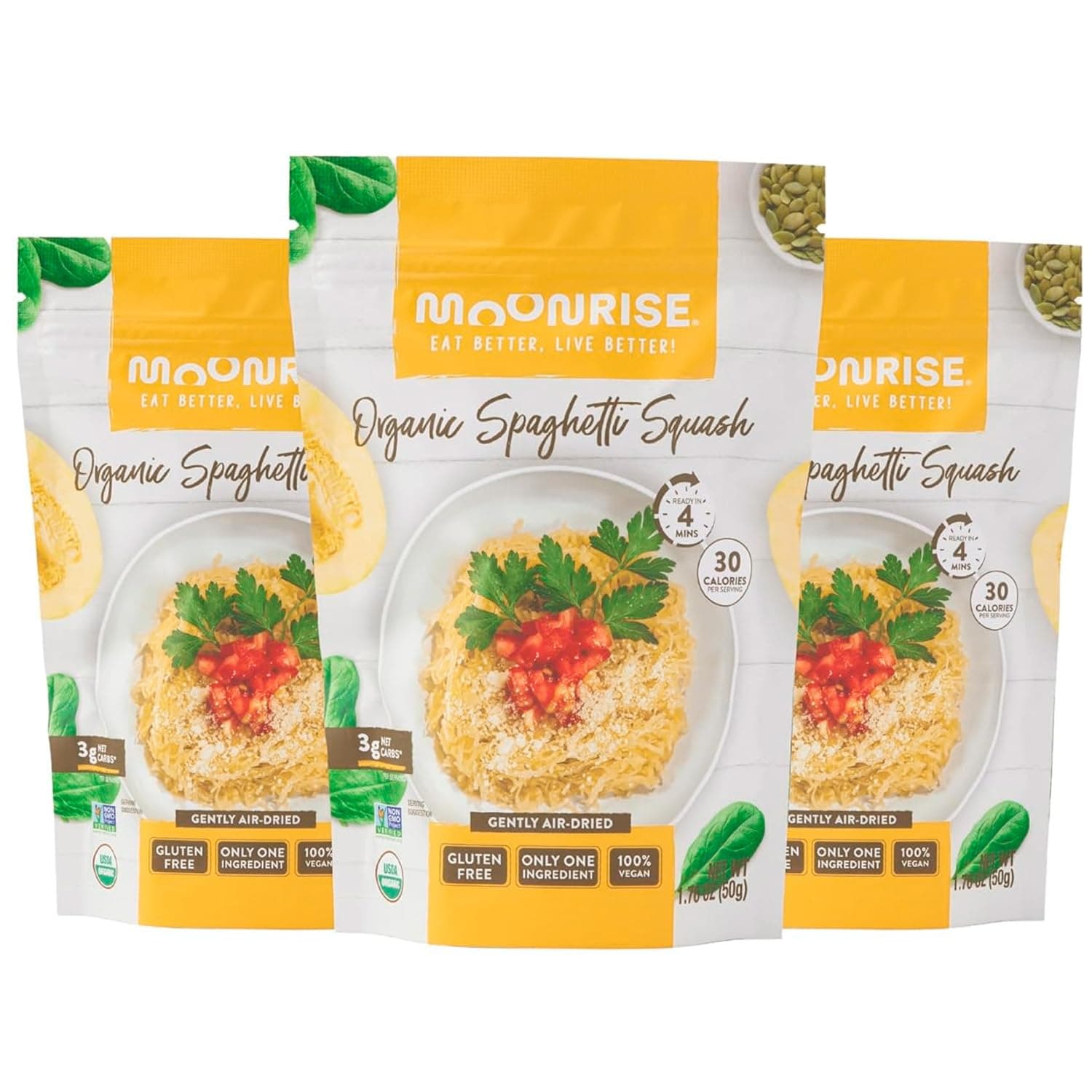 Moonrise Organic Dried Spaghetti Squash | Low-Carb Vegetable Pasta | Gluten-Free | Vegan | Ready in Minutes | Clean Label | 100% Real Squash (Pack of 3, Natural)