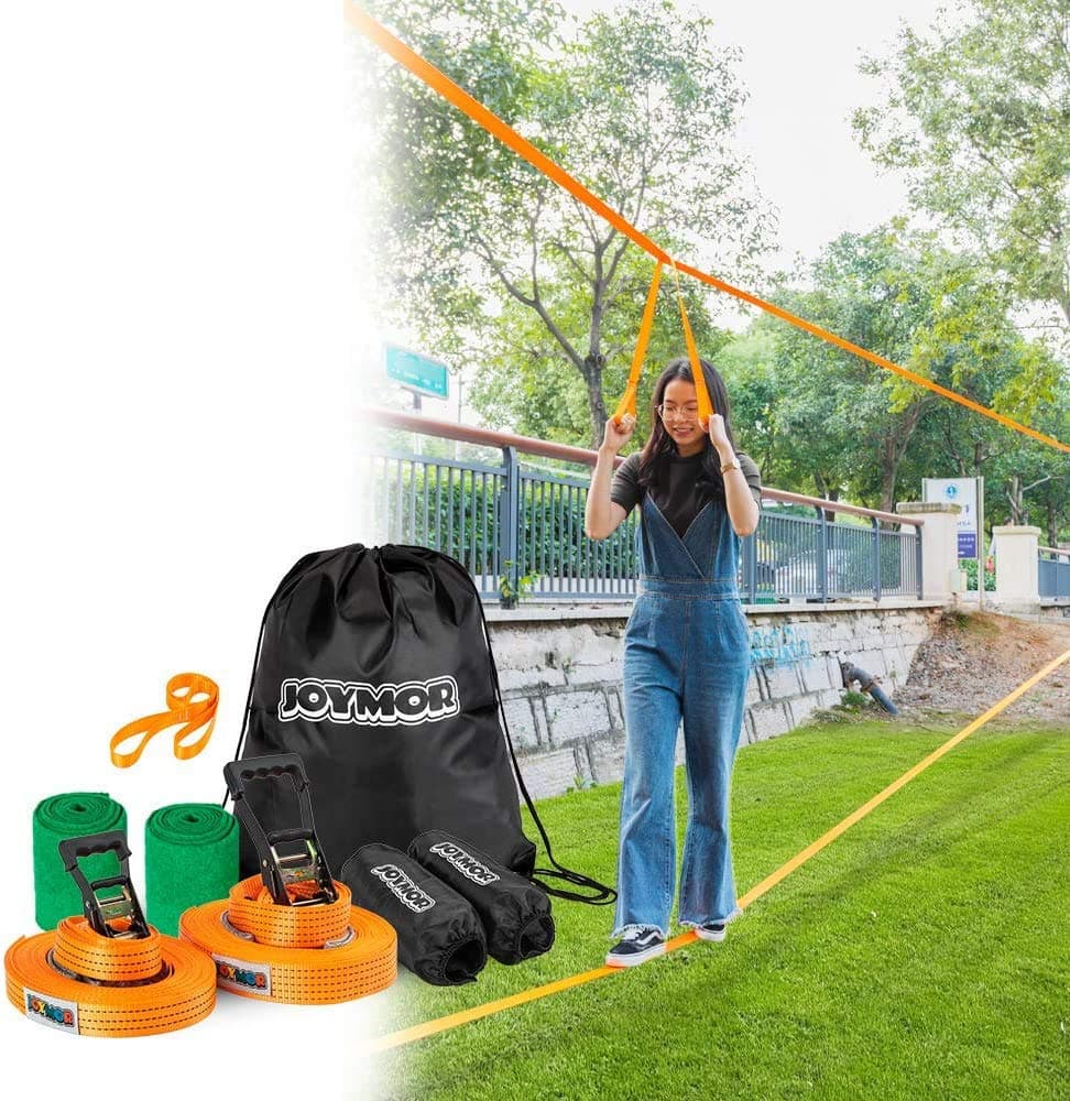 JOYMOR Slackline Kit Extra Longer 65 Feet, Upgraded Slackline with Training Line, Ratchet, Ratchet Protector, Tree Protector, Perfect Arm Trainer for Kids and Adults