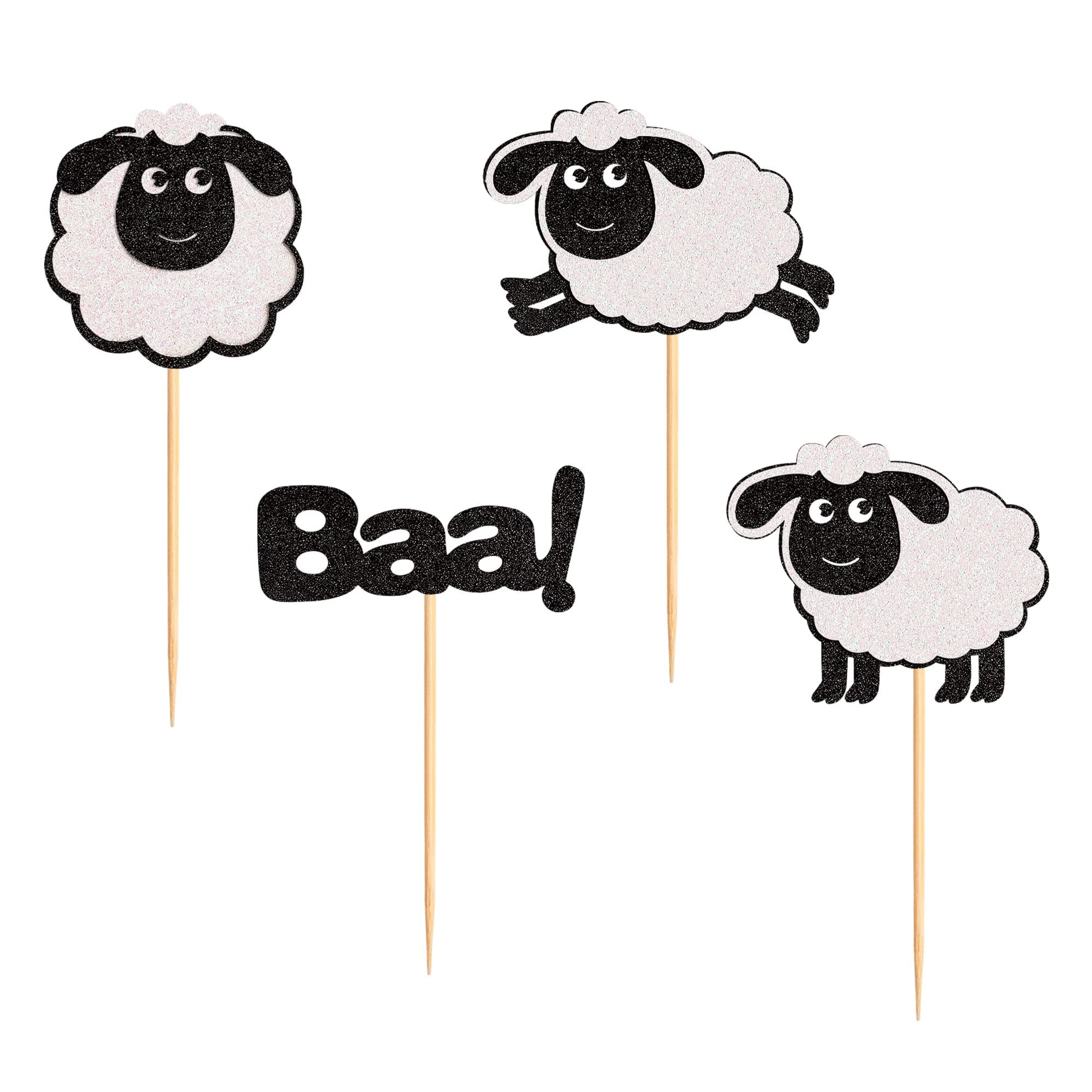 Ercadio 24 Pack Sheep Cupcake toppers Black Glitter Farm Animals Cupcake Picks Sheep Baa Cupcake Decors Sheep Theme Baby Shower Birthday Party Supplies