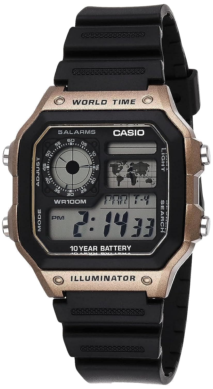 Casio AE1200WH Series | Men’s Digital Watch | 100M WR | Multi Alarms | 100 SEC Stopwatch | Countdown Timer | World Map for World Time | LED Light | LC Analog Display | 10 Year Battery