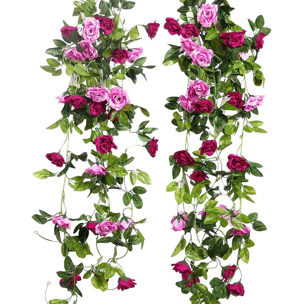 JUSTOYOU 2pcs 7.8FT Double Color Artificial Fake Rose Garland Vines Hanging Silk Flowers Artificial Flower for Outdoor Indoor Wedding Wall Badroom Decoration(Magenta)
