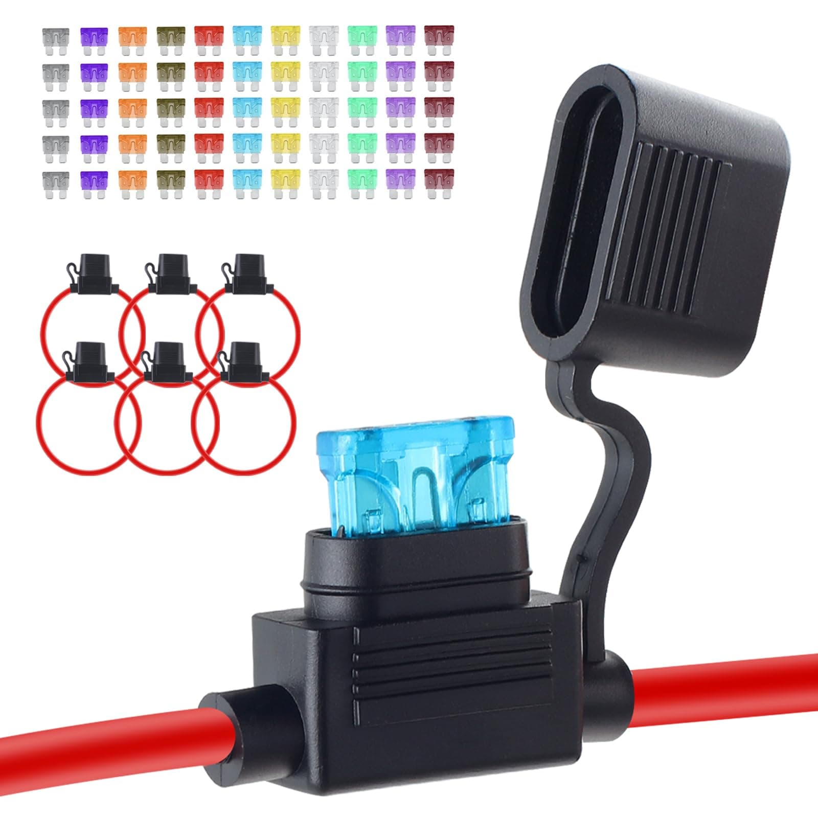 6 Pack Inline Fuse Holder 12V, Upgraded 12 AWG Waterproof Fuse Holder with 66 Pcs Standard Car Fuses (2A/3A/5A/7.5A/10A/15A/20A/25A/30A/35A/40A), YNZDRWA in Line Fuses Holders 12v for Marine Auto
