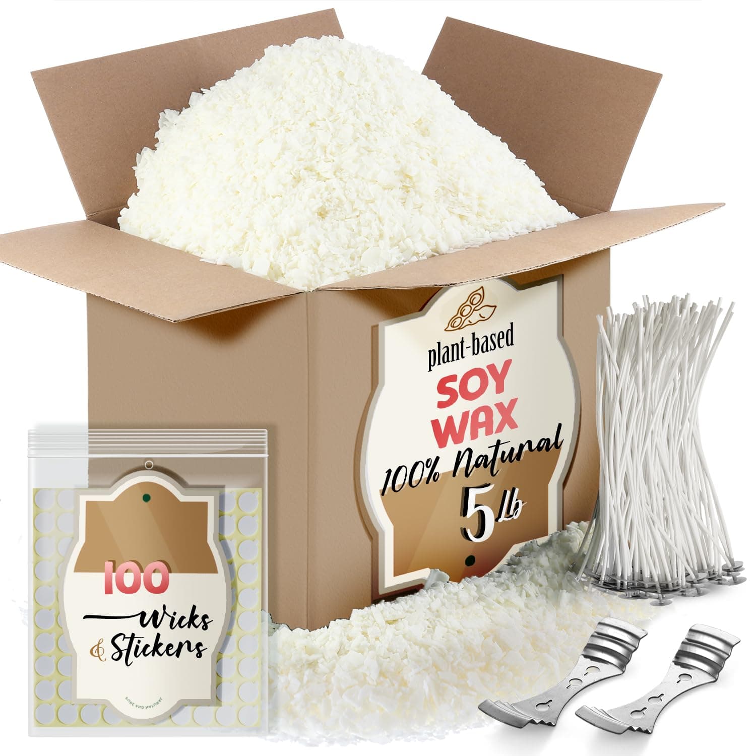 Natural Soy Wax Kit - Includes; 10 Lbs Soy Candle Wax Flakes, 100 Cotton Wicks, 2 Wick Holders.