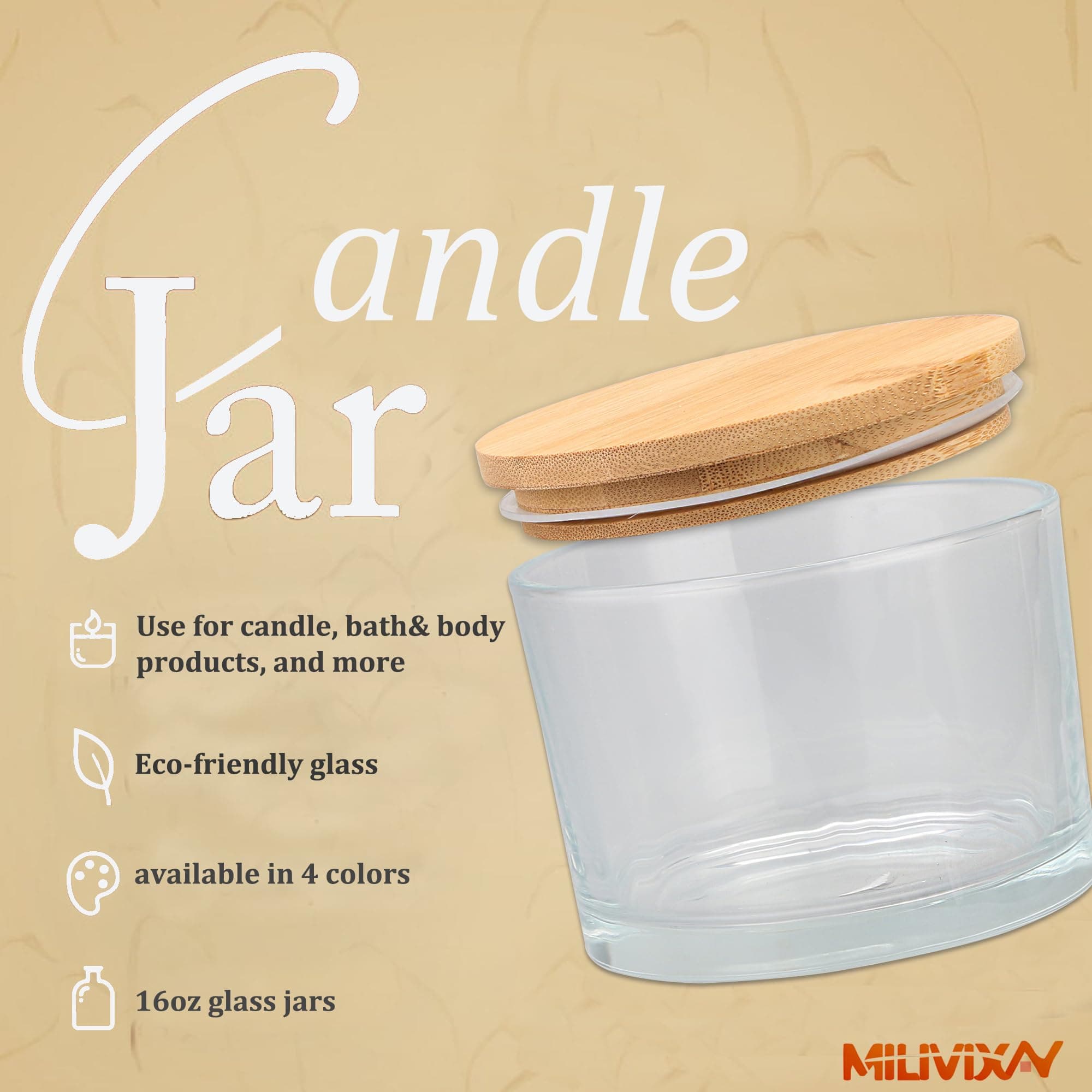 MILIVIXAY 6 Pack 16 oz Candle Jars With Bamboo Lids and Making Kits - 3 Wick Clear Thick Glass for Large Candles - Spice, Powder Containers