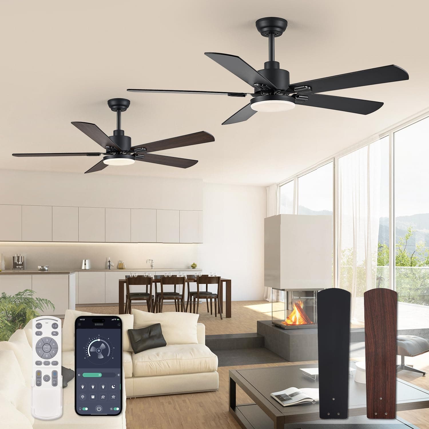 2 Pack 52" Ceiling Fans with Lights, Black Modern Ceiling Fan with Remote, Farmhouse Indoor Ceiling Fan with Dual Finish Blades, Quiet & Strong Motor, Bright LED Light.