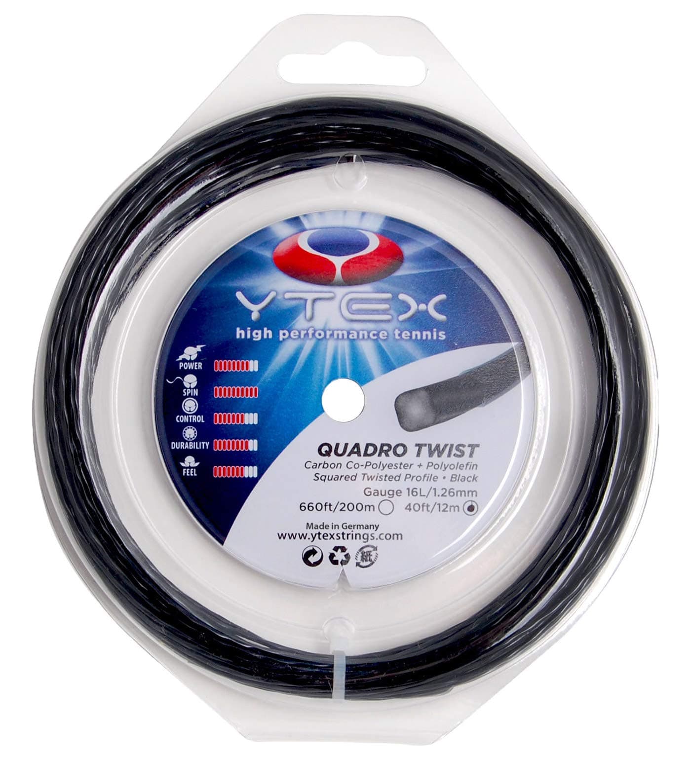 YTEX Quadro Twist Tennis Racket String (Gauge 16-1.26mm), Black, 40-Feet/12m