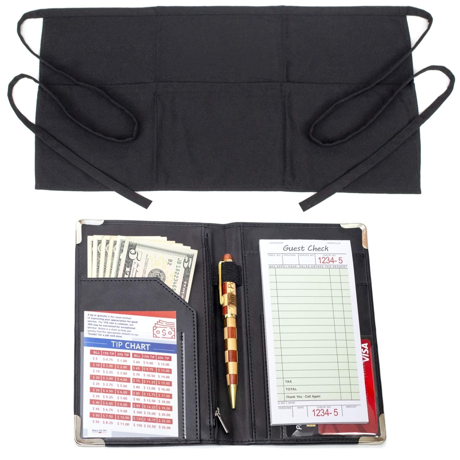 MaryOnArt Waiter Server Book and Apron - Waitress Book 8.2''x5.2'' Guest Check Zipper Pouch - Server Wallet Pads Holder Money Pocket Restaurant Waitstaff with Free Waist Apron Black and One Tip Chart