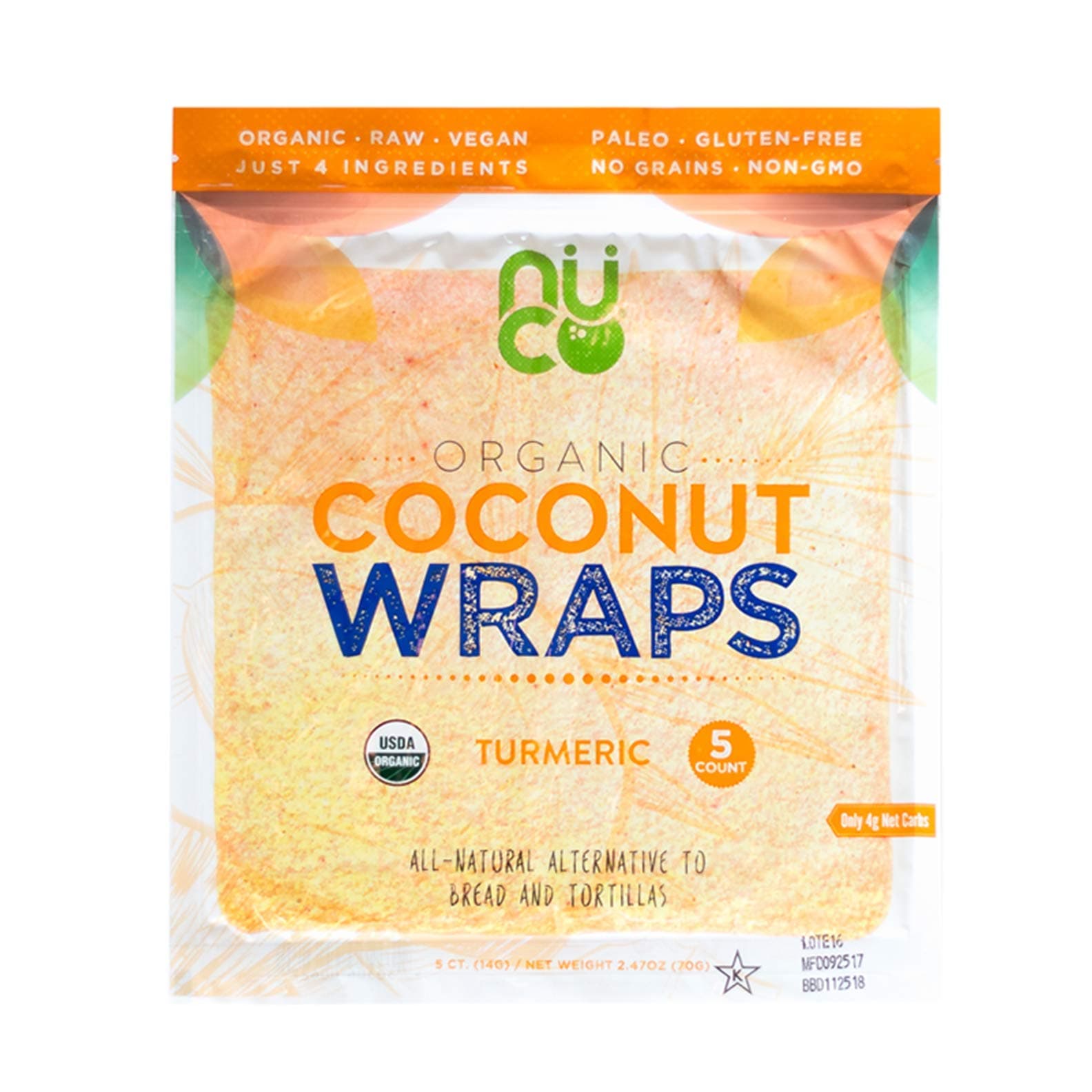 NUCO Certified ORGANIC Paleo Gluten Free Vegan "Turmeric" Coconut Wraps, 5 Count (One Pack of Five Wraps)