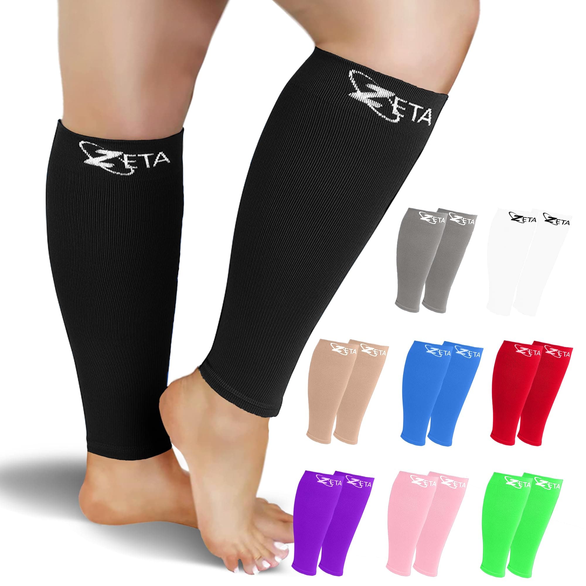 Zeta Wear Calf Compression Sleeve Men & Women, Plus Size Wide Shin Splints Support and Calf Support Sleeves, Compression Leg Socks for Running Sports, Flight, Hiking, Cycling