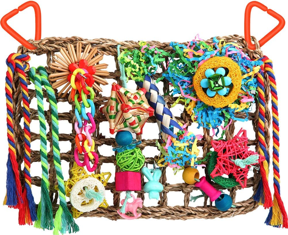 Foraging Toys for Parakeets Cockatiel Conures Lovebirds - Seagrass Wall with Various Bird Toys