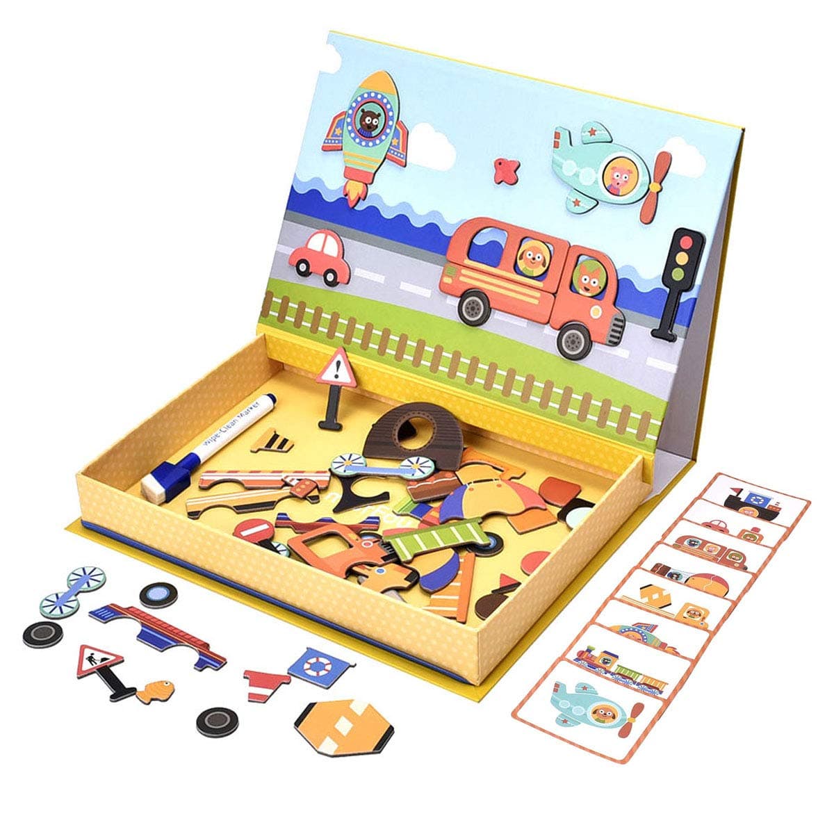 STEM Educational Toys Magnetic Puzzle, QINUKER Dry Erase Board 57 Pieces Cardboard Jigsaw Drawing Sketchpad Vehicle Learning Toy Games for 3-6 Year Old Children Kids Toddlers