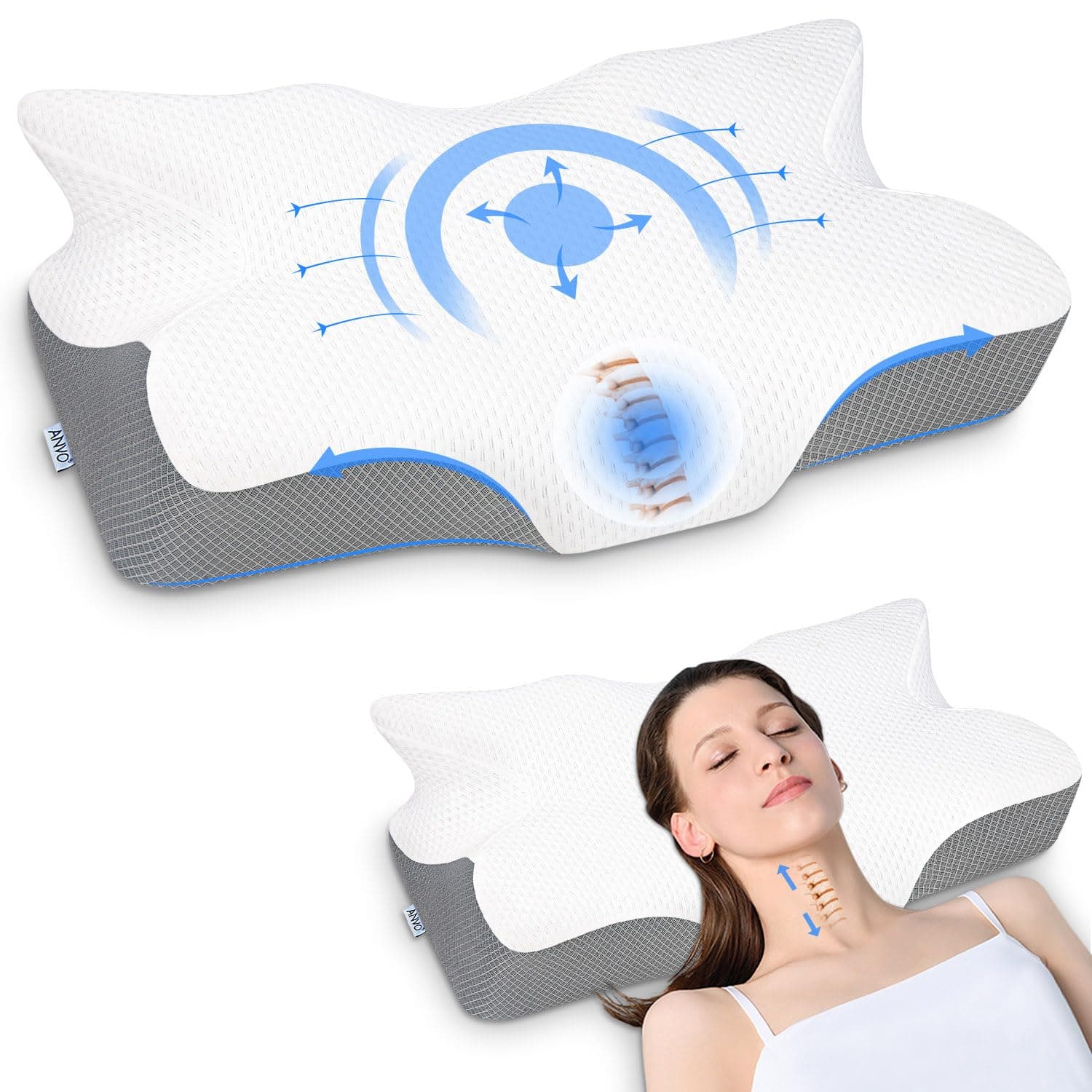 Anvo Cervical Neck Pillow for Neck and Shoulder Pain - Memory Foam Pillows for Pain Relief Sleeping, Contour Orthopedic for Side Back Stomach Sleeper, Grey