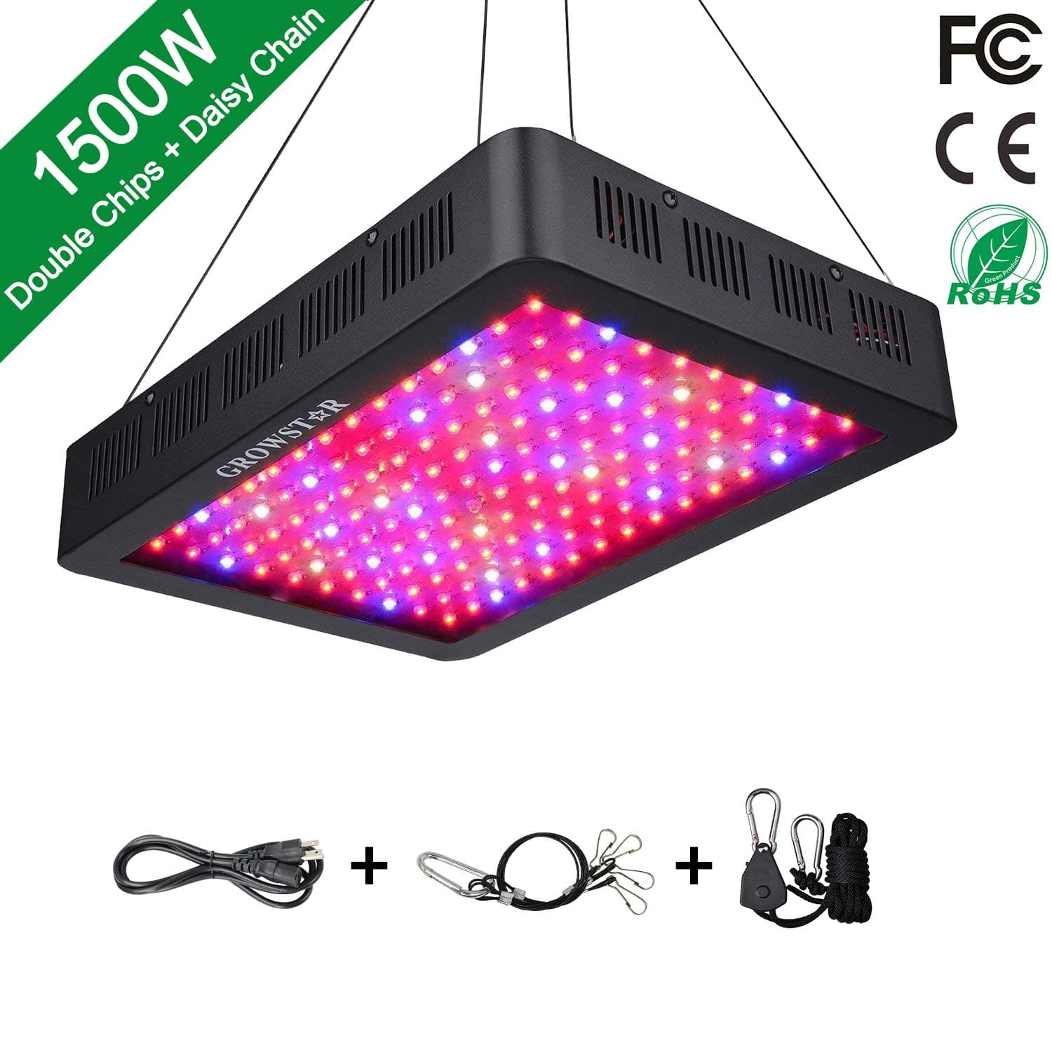 1500W LED Grow Light, Growstar Double Chips LED Grow Lamp Full Spectrum for Hydroponic Indoor Plants Flower and Veg with UV IR Daisy Chain (12-Band)