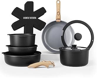 Country Kitchen 16 Piece Pots and Pans Set - Safe Nonstick Kitchen Cookware with Soft Touch Wooden Removable Handle, RV Cookware Set, Oven Safe (Black)