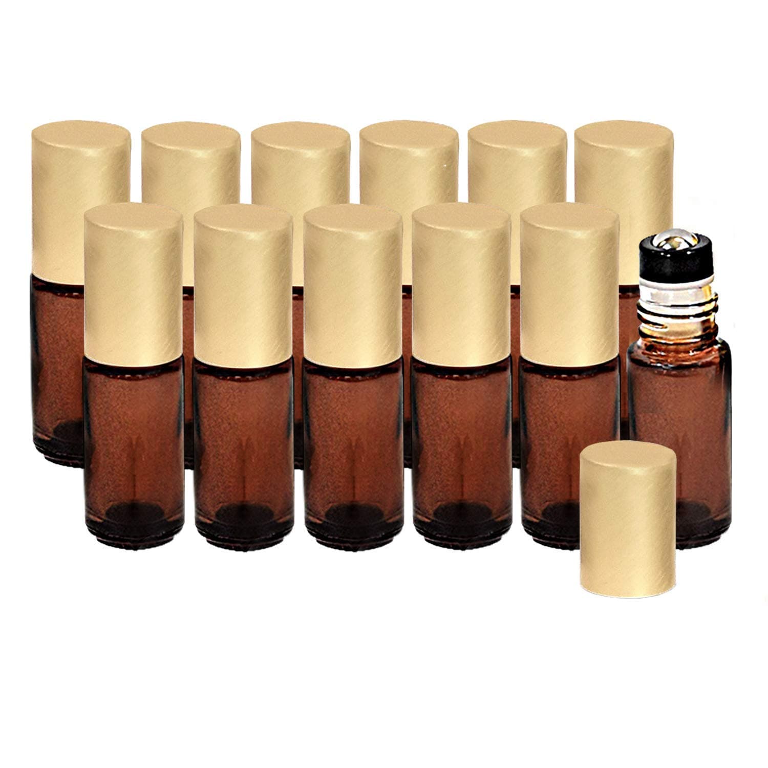 Holistic Oils 5ml Gold Lid Roller Bottles for Essential Oils, Amber Glass Bottles (12 Pack), Amber Essential Oil Bottles with Stainless Steel Rollers to Apply Smoothly on Your Skin